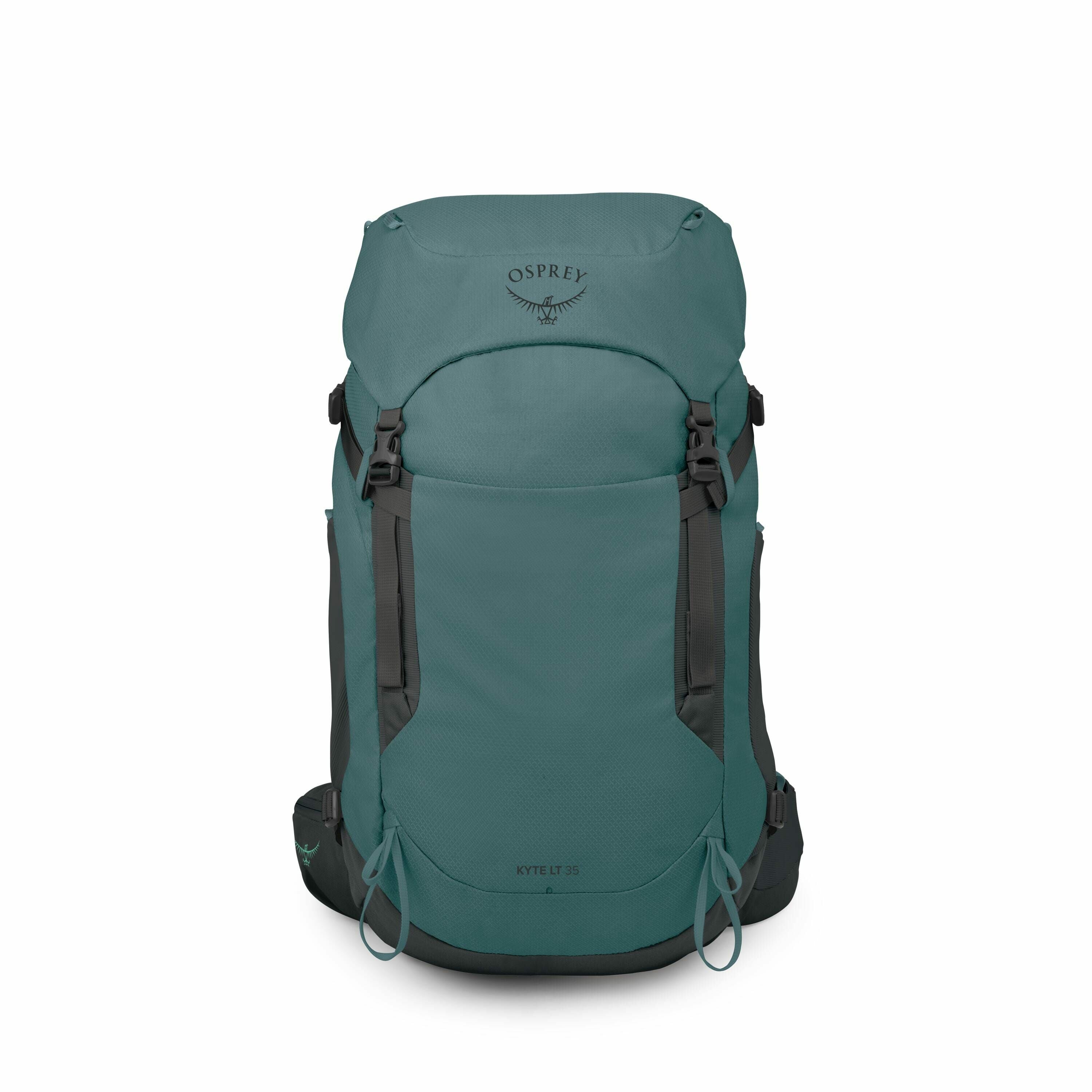 The image showcases an Osprey Kyte LT 36 backpack, prominently displaying the brand's logo at the top, which consists of the name "OSPREY" with a stylized bird graphic beneath it. The backpack is primarily teal in color with dark gray accents, including s