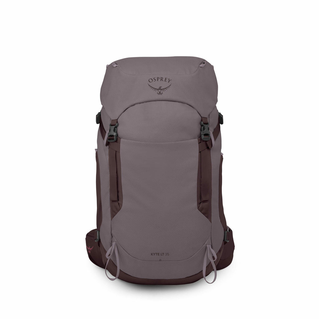 The image showcases a backpack by Osprey, specifically the Kyte LT 35 model. The backpack is predominantly in shades of purple with darker accents on the sides and straps, and it features a top-loading design. The Osprey logo is visible on the top flap, w
