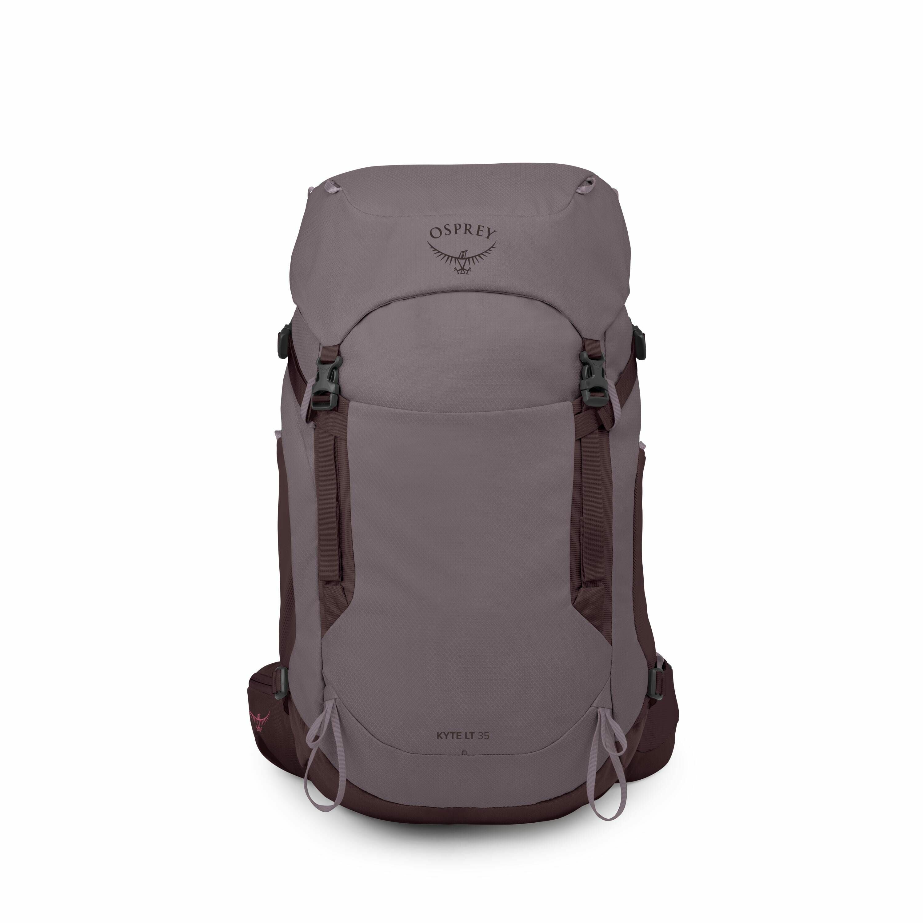 The image showcases a backpack by Osprey, specifically the Kyte LT 35 model. The backpack is predominantly in shades of purple with darker accents on the sides and straps, and it features a top-loading design. The Osprey logo is visible on the top flap, w