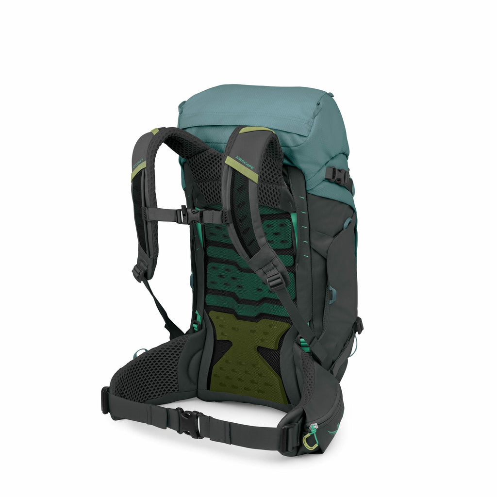 The image displays a high-quality backpack with a sturdy design intended for outdoor activities. It features padded shoulder straps and a hip belt for comfort, with a breathable mesh back panel designed to enhance airflow. The backpack is predominantly gr