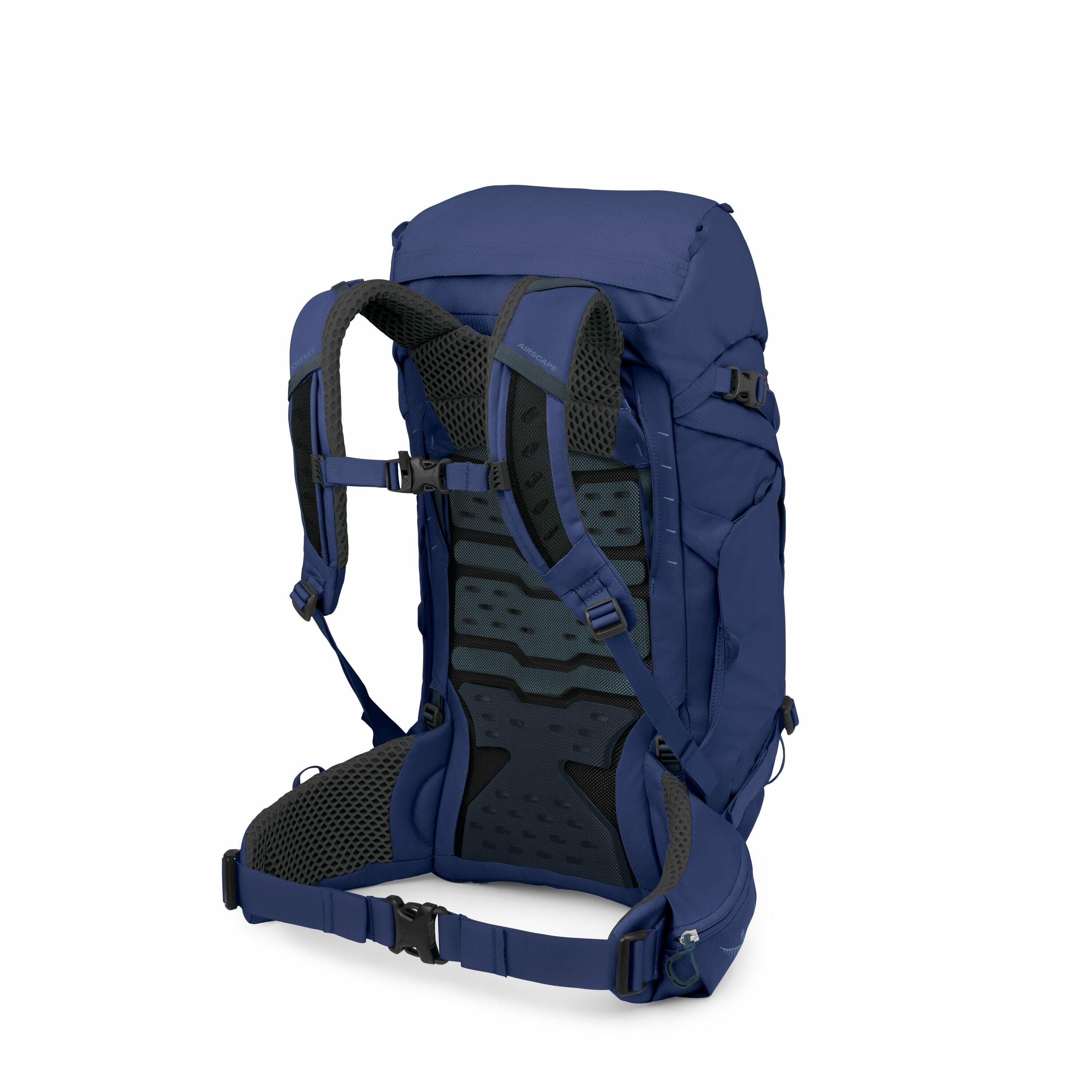 The image shows a blue backpack with a highly structured and ergonomic design, viewed from an angle that highlights its padded back panel and adjustable straps. The backpack has multiple components including a top flap, various pockets, and several adjust