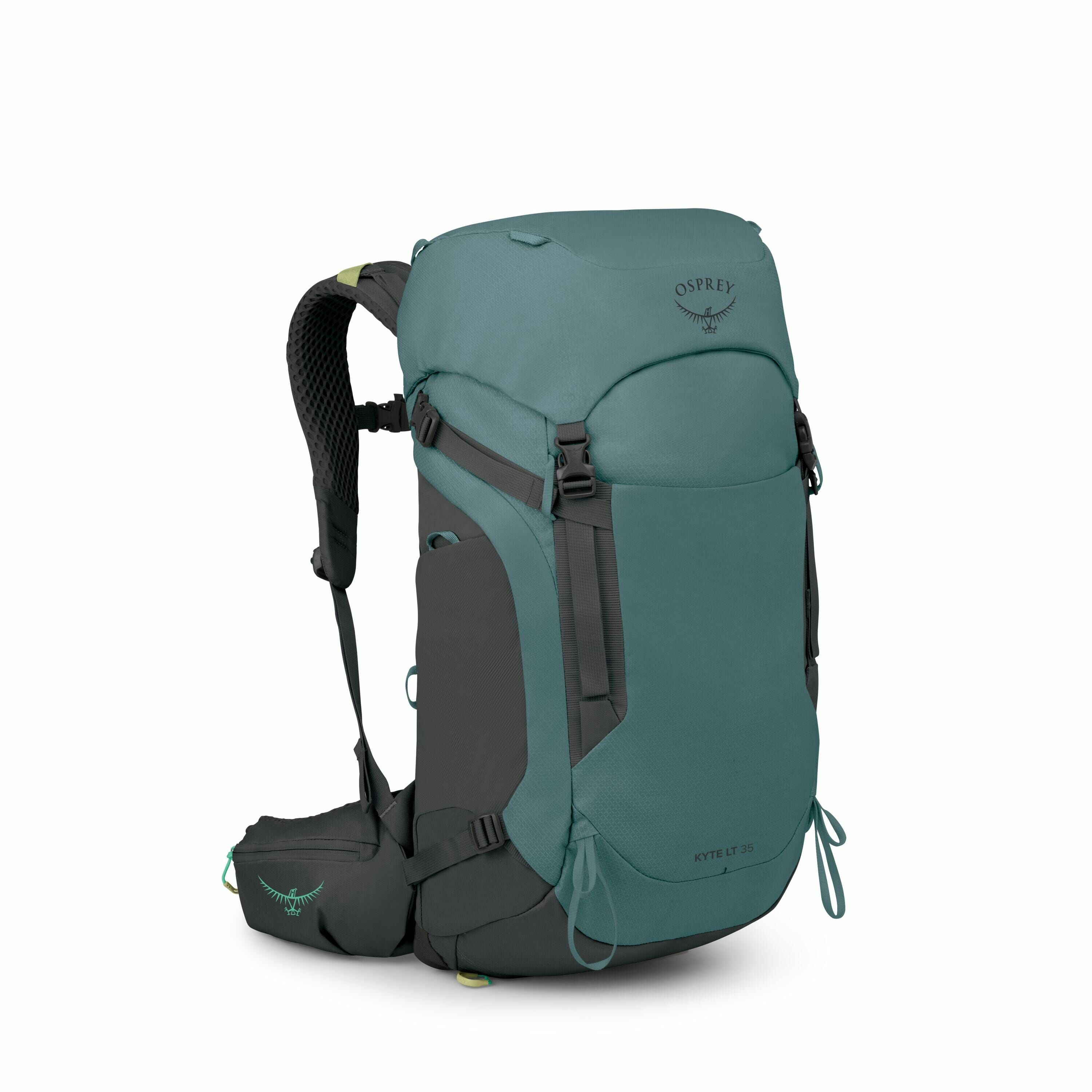 The image showcases a teal and black Osprey backpack, specifically the "Kyte LT 35" model, as indicated by the label on the lower front section. The backpack has a sleek design with a top lid and several adjustable straps, providing both style and functio