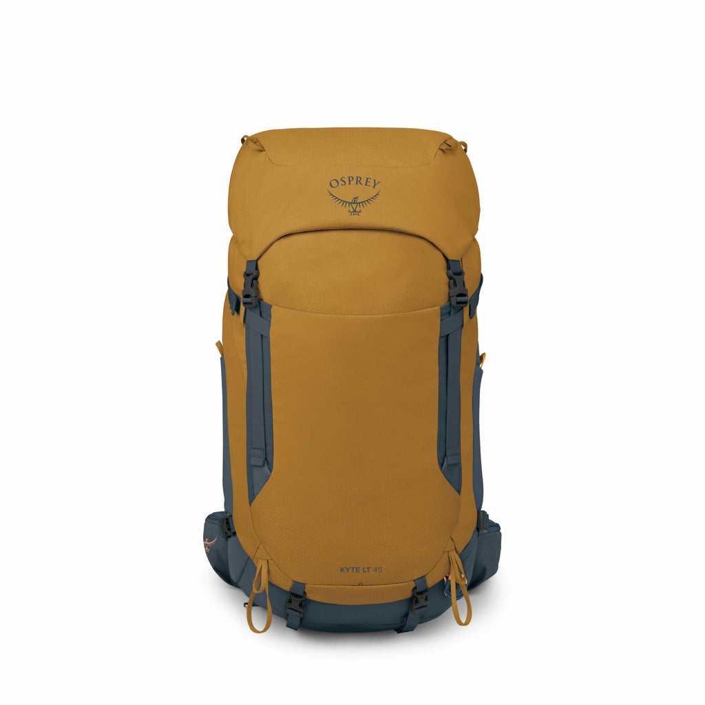 The image features an Osprey backpack, specifically the Kyte LT 45 model, in a mustard yellow color with dark blue accents. The backpack has a top-loading design with a flap closure, featuring the Osprey logo prominently on the upper part. It also include