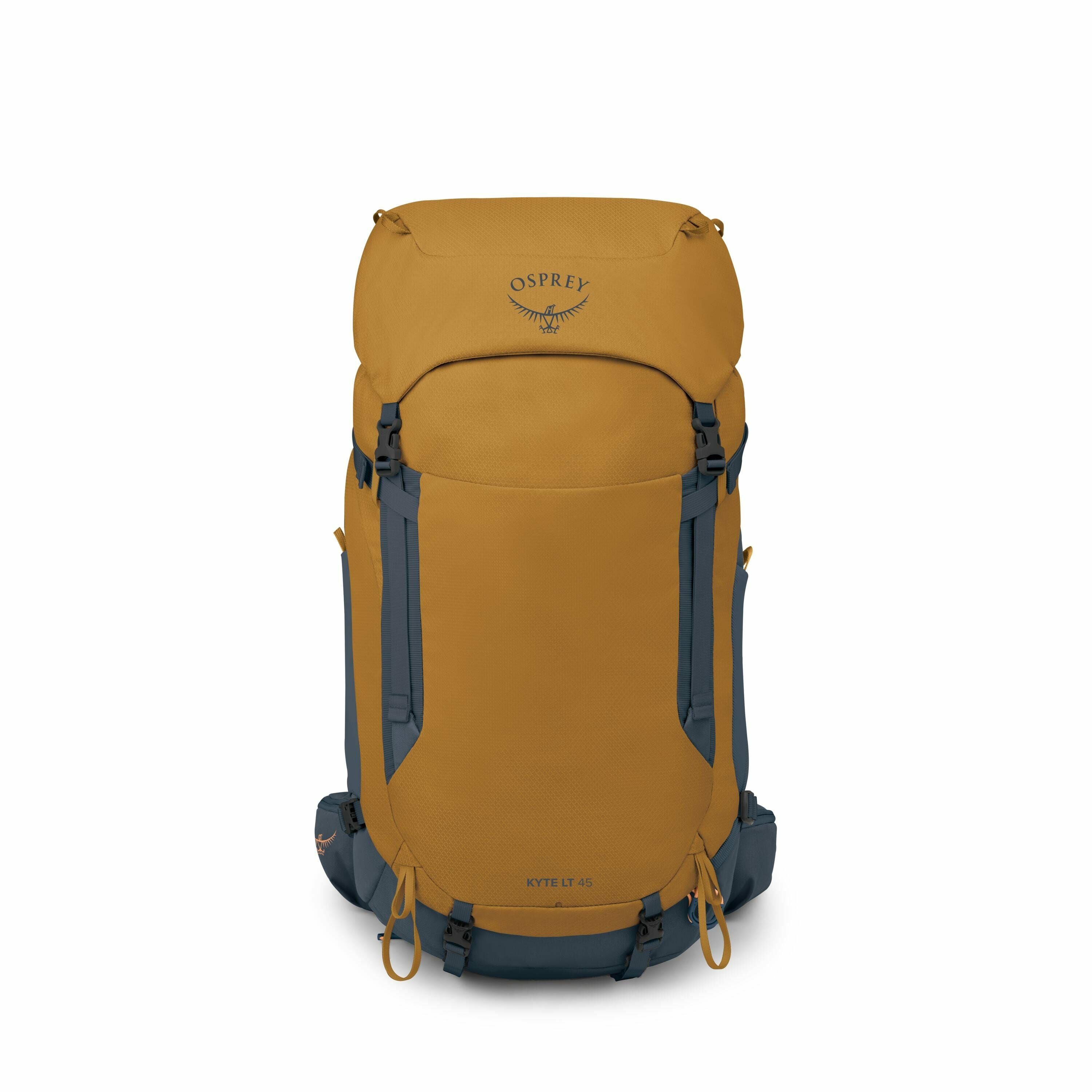 The image features an Osprey backpack, specifically the Kyte LT 45 model, in a mustard yellow color with dark blue accents. The backpack has a top-loading design with a flap closure, featuring the Osprey logo prominently on the upper part. It also include