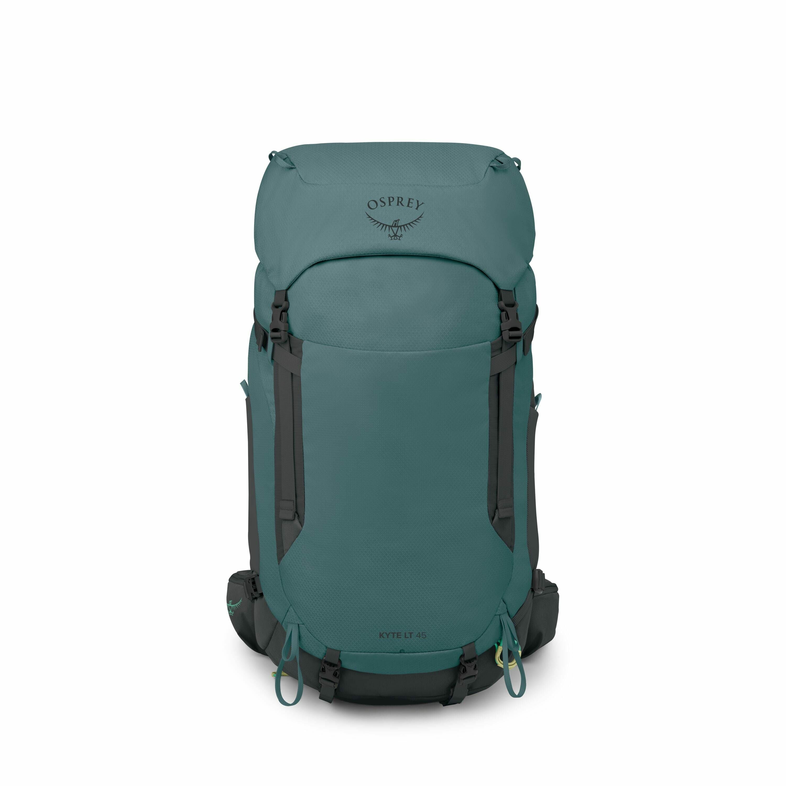 The image shows a teal backpack, specifically an Osprey Kyte LT 45 model. The backpack has a top flap with the Osprey logo and an adjustable buckle closure system. It's designed for outdoor use with multiple straps and loops for attaching gear, as indicat