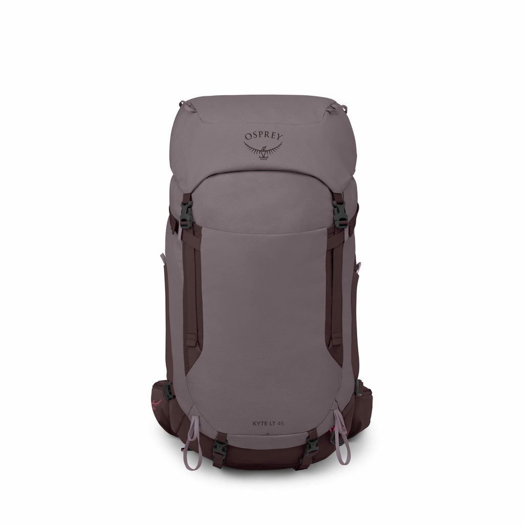 The image features an Osprey brand backpack, specifically the Kyte LT 45 model, displayed against a white background. The backpack is predominantly a muted purple color with darker purple accents on the straps and buckles. The Osprey logo is visible on th