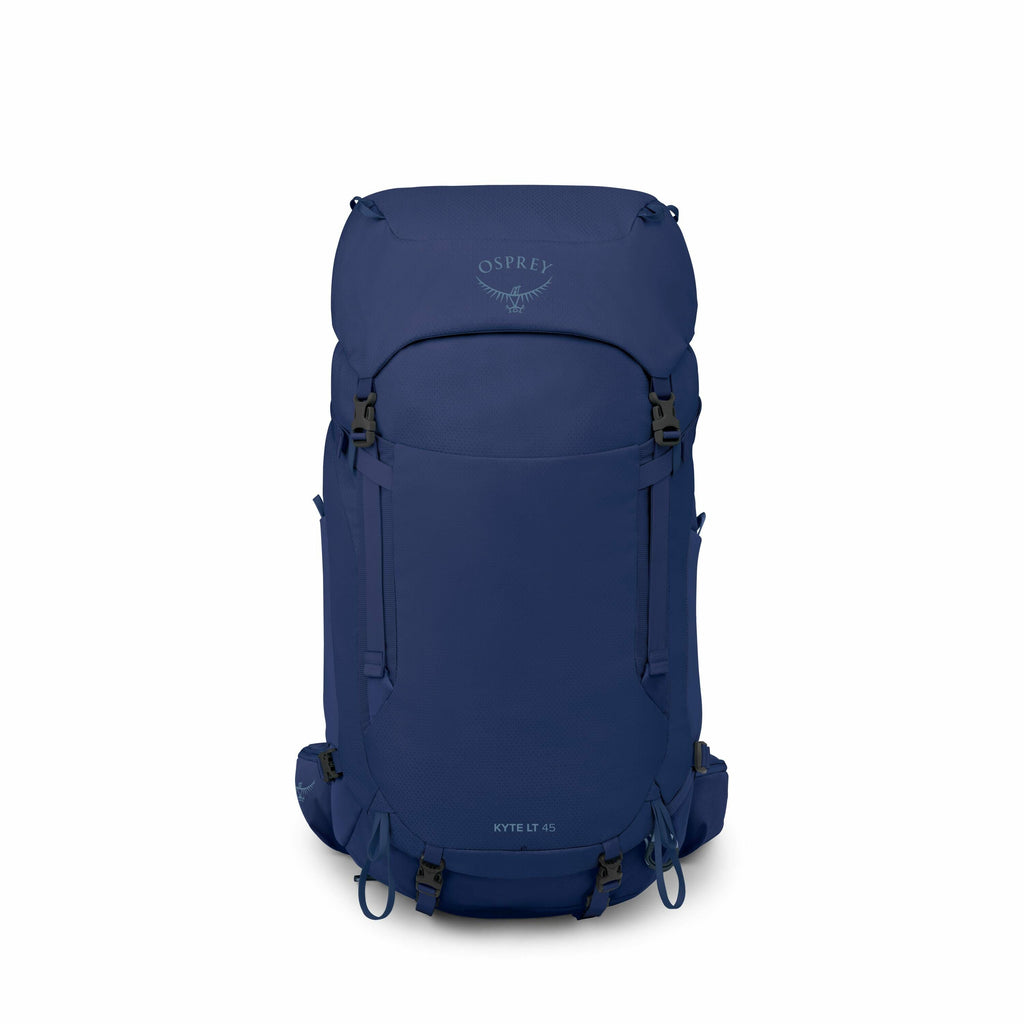 The image features a blue Osprey backpack, specifically the Kyte LT 45 model. It has a streamlined and sturdy design, featuring multiple buckles and straps for securing the load. The Osprey logo is visible near the top of the backpack, along with the mode