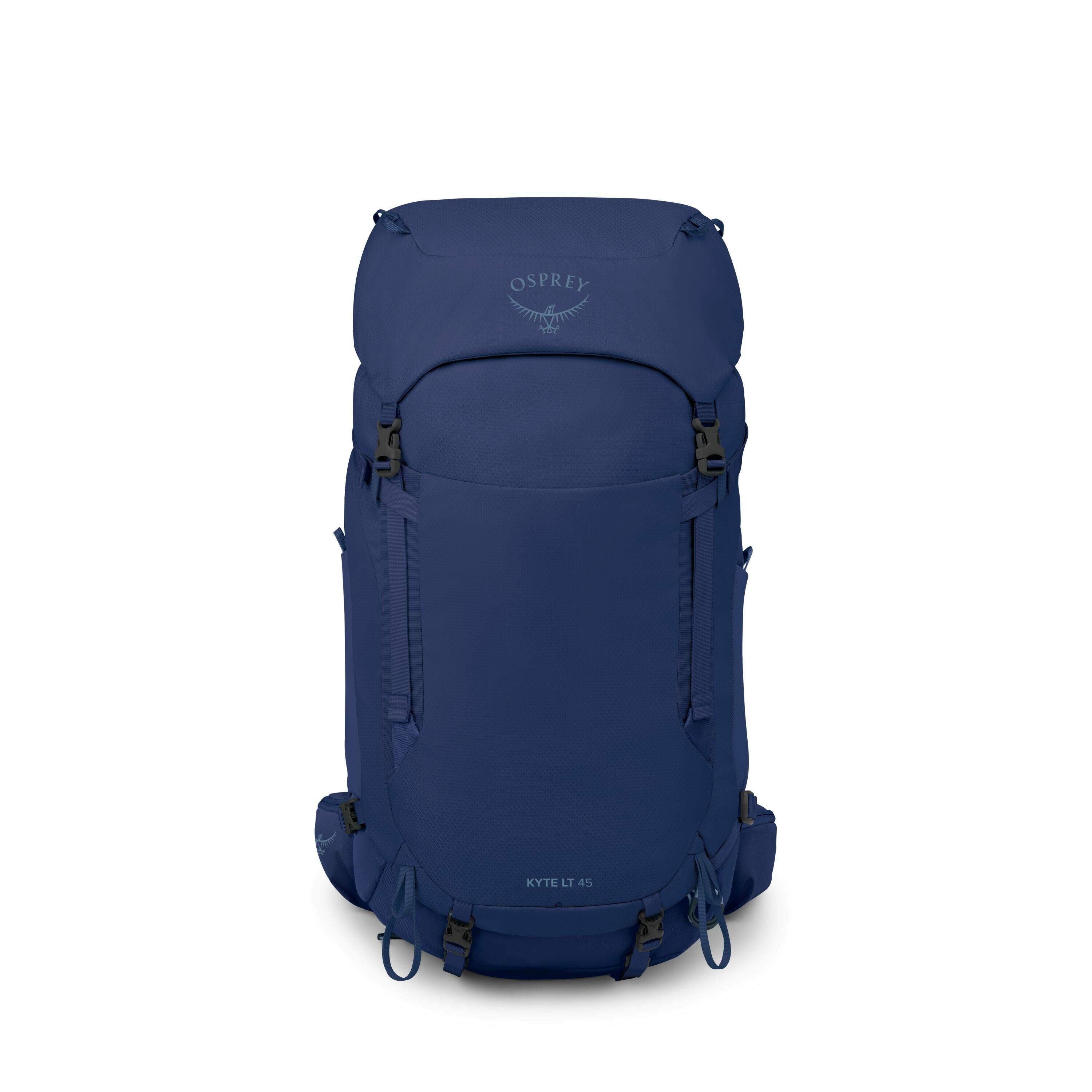 The image features a blue Osprey backpack, specifically the Kyte LT 45 model. It has a streamlined and sturdy design, featuring multiple buckles and straps for securing the load. The Osprey logo is visible near the top of the backpack, along with the mode