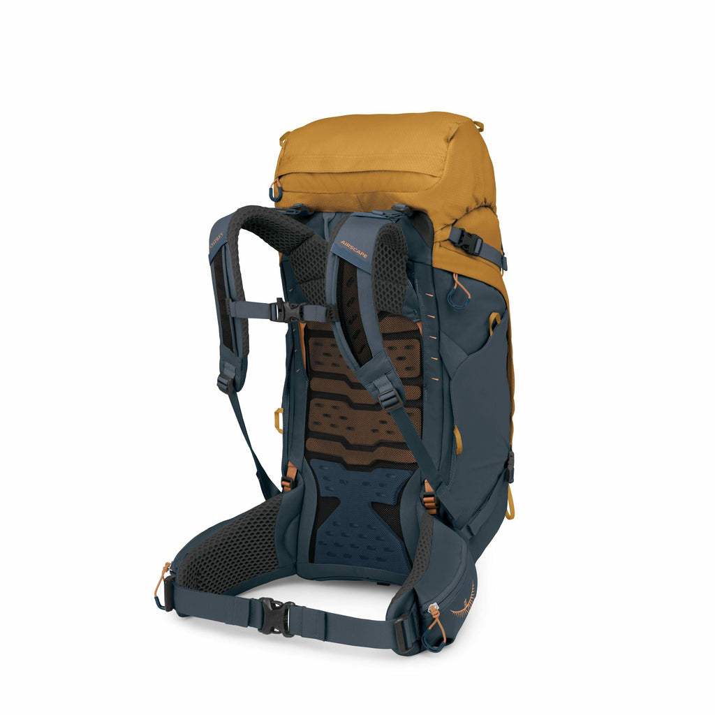 The image showcases a rugged and durable backpack designed for outdoor adventures. The backpack features a two-tone color scheme, primarily a mustard yellow top and navy blue body, providing a visually appealing contrast. It has well-padded shoulder strap