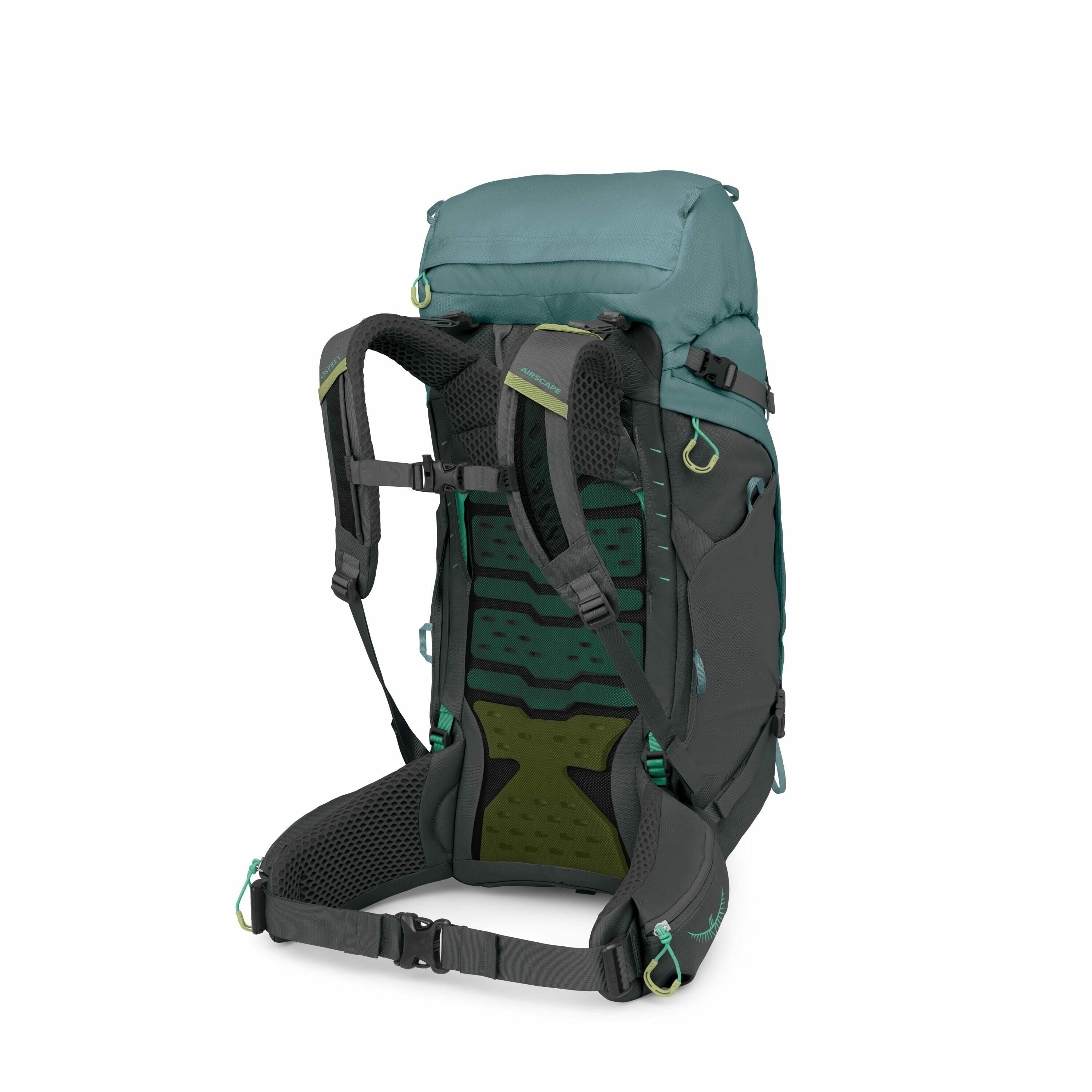 The image shows a detailed view of a hiking backpack with its different components separated and displayed. The backpack is primarily black with green accents and features a structured back panel designed for ventilation and comfort. The straps and buckle
