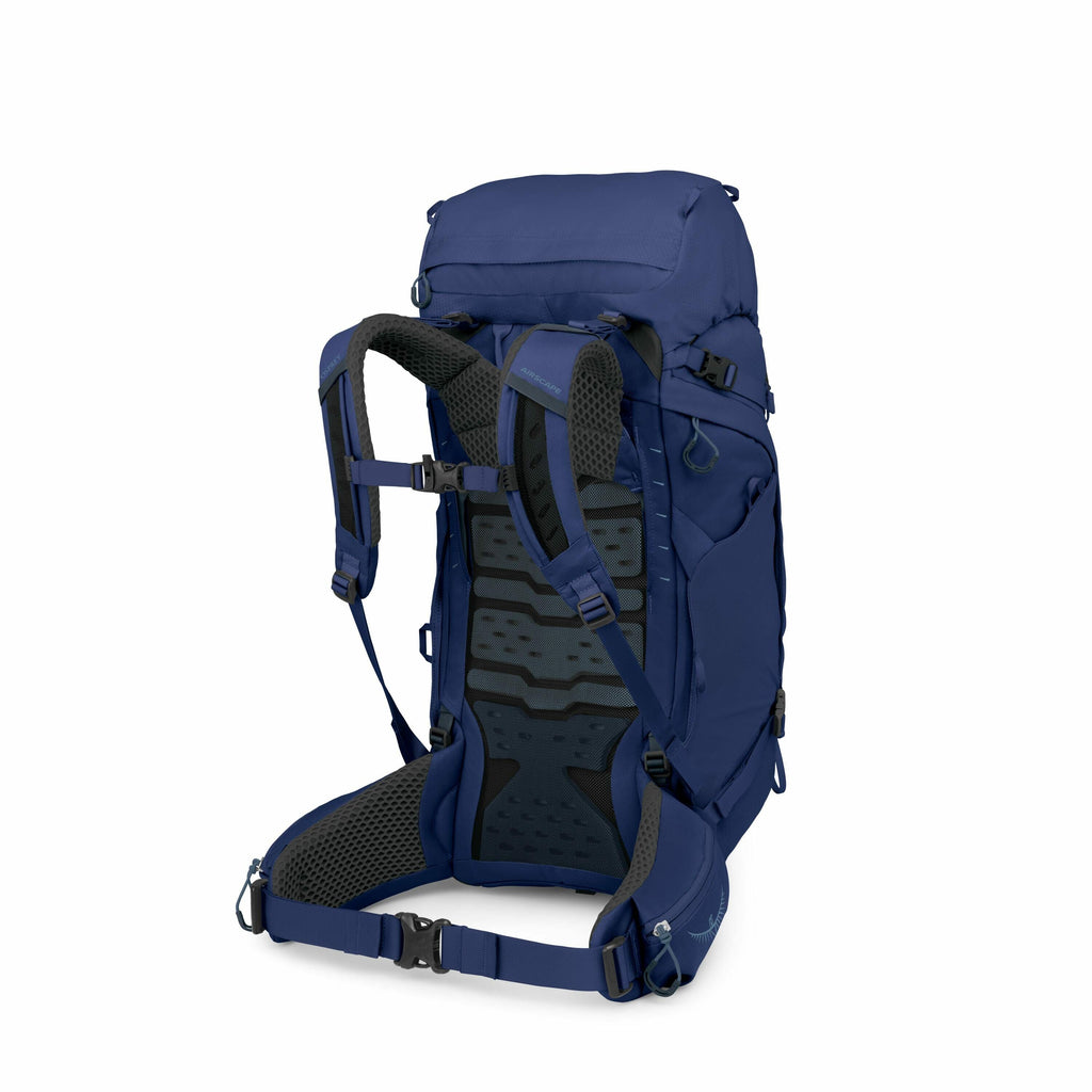 The image series showcases a modular backpack, specifically designed for hiking or outdoor activities. The backpack is predominantly navy blue with gray accents on the shoulder straps and back padding, which features a breathable mesh design for enhanced