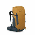 The image features a hiking backpack from the brand Osprey, specifically the Kyte LT 45 model. The backpack is primarily mustard yellow with dark blue accents, including the straps and base. It has a large main compartment with a top flap closure and is e