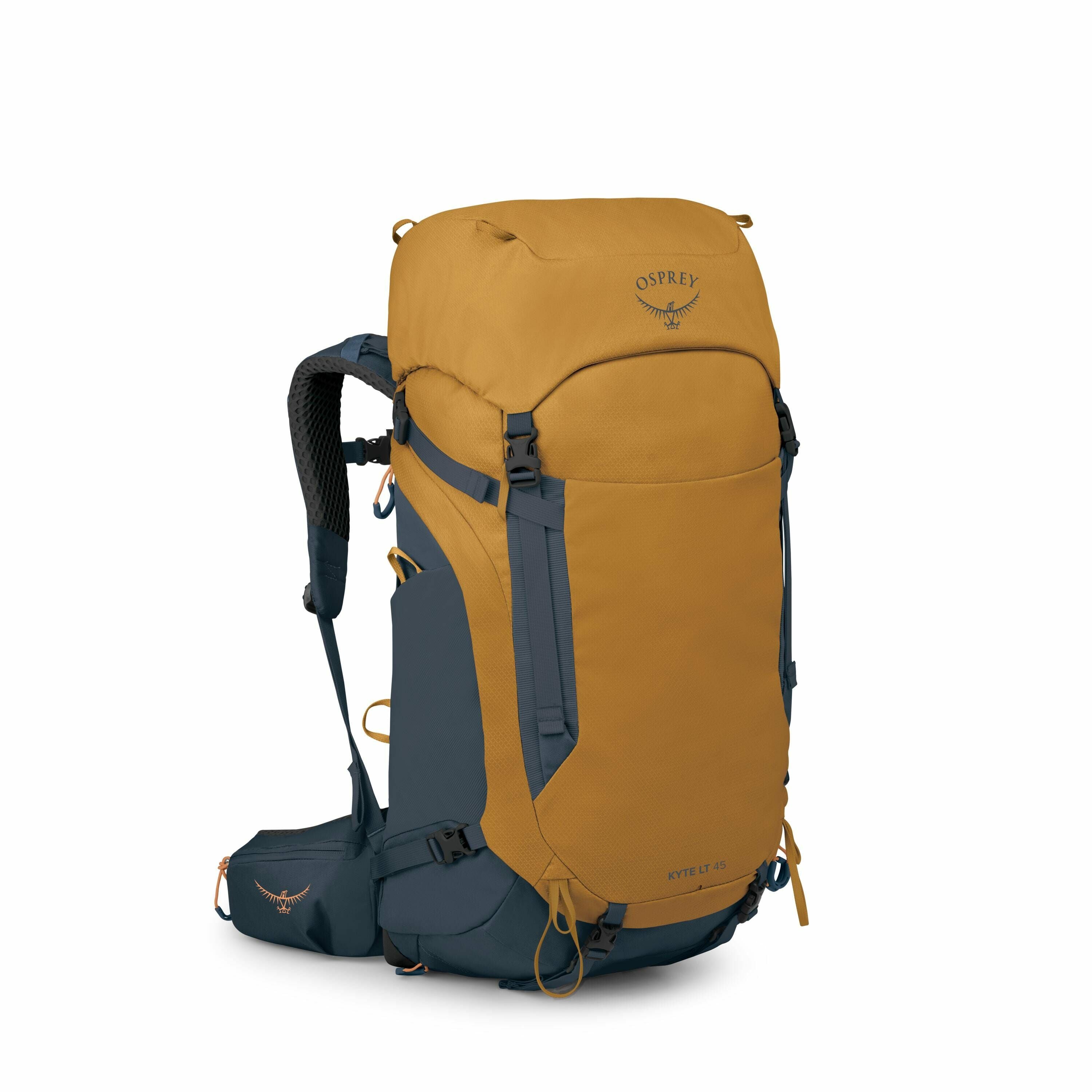 The image features a hiking backpack from the brand Osprey, specifically the Kyte LT 45 model. The backpack is primarily mustard yellow with dark blue accents, including the straps and base. It has a large main compartment with a top flap closure and is e