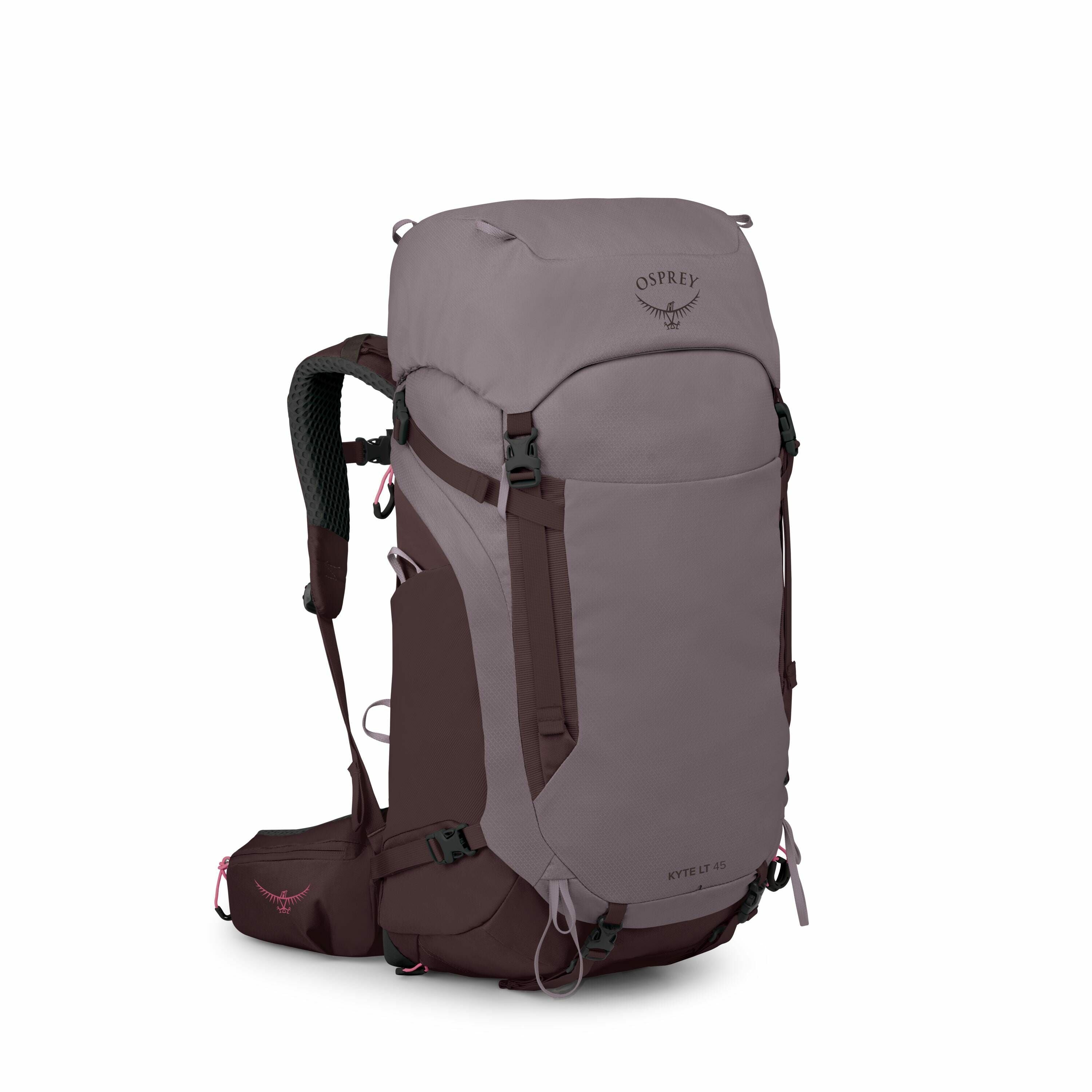 The image displays a high-quality backpack from Osprey, specifically the Kyte LT 45 model, designed for outdoor activities such as hiking or trekking. The backpack features a two-tone color scheme of dark mauve and brown, providing a stylish yet functiona