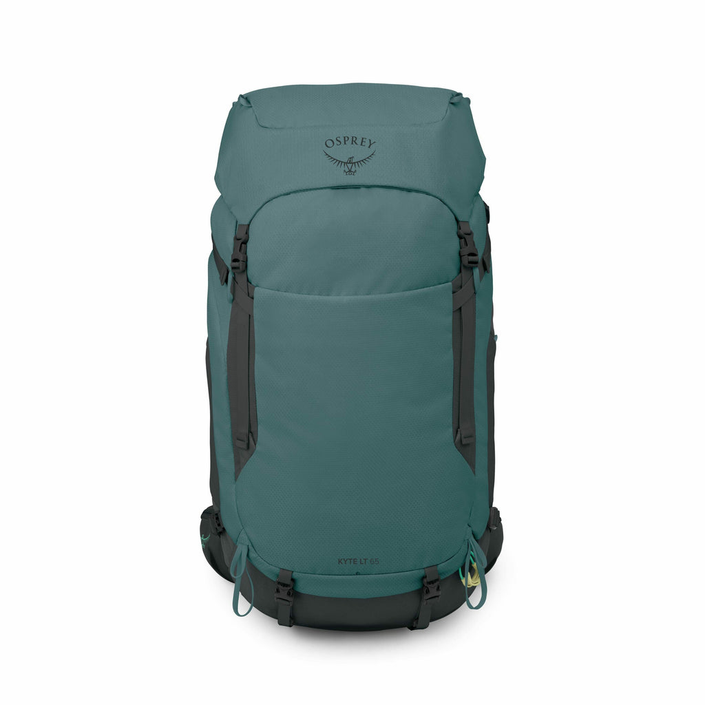 The image showcases a teal-colored Osprey backpack, specifically the Kyte LT 65 model. The backpack is designed for outdoor use, featuring multiple straps and buckles for securing items. The Osprey logo, which includes a stylized bird, is prominently disp