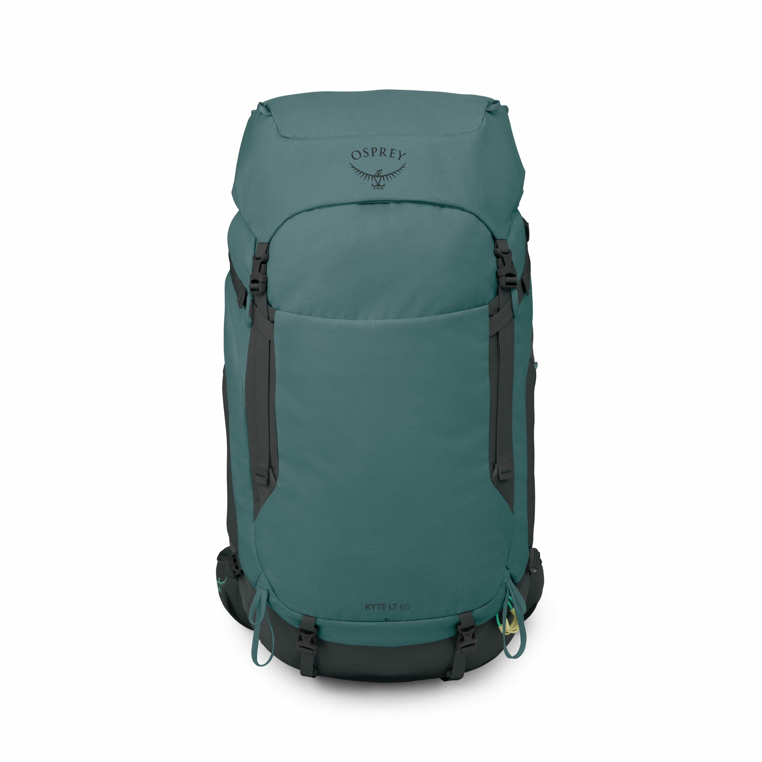 The image showcases a teal-colored Osprey backpack, specifically the Kyte LT 65 model. The backpack is designed for outdoor use, featuring multiple straps and buckles for securing items. The Osprey logo, which includes a stylized bird, is prominently disp