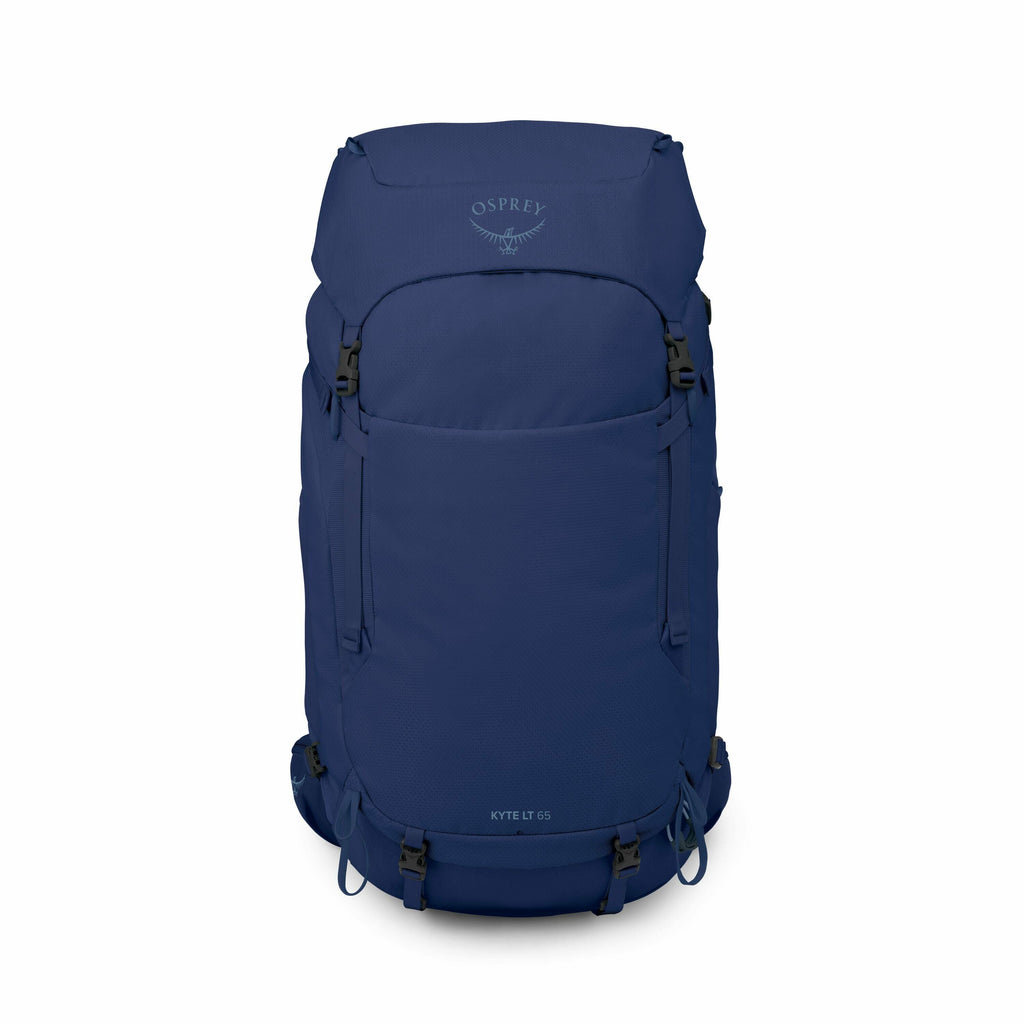 The image features a blue backpack from the brand Osprey. It is a large, cylindrical bag with multiple compartments and buckles, designed for outdoor and hiking activities. The backpack has "Osprey" printed at the top along with their logo, and "KYTE LT 6
