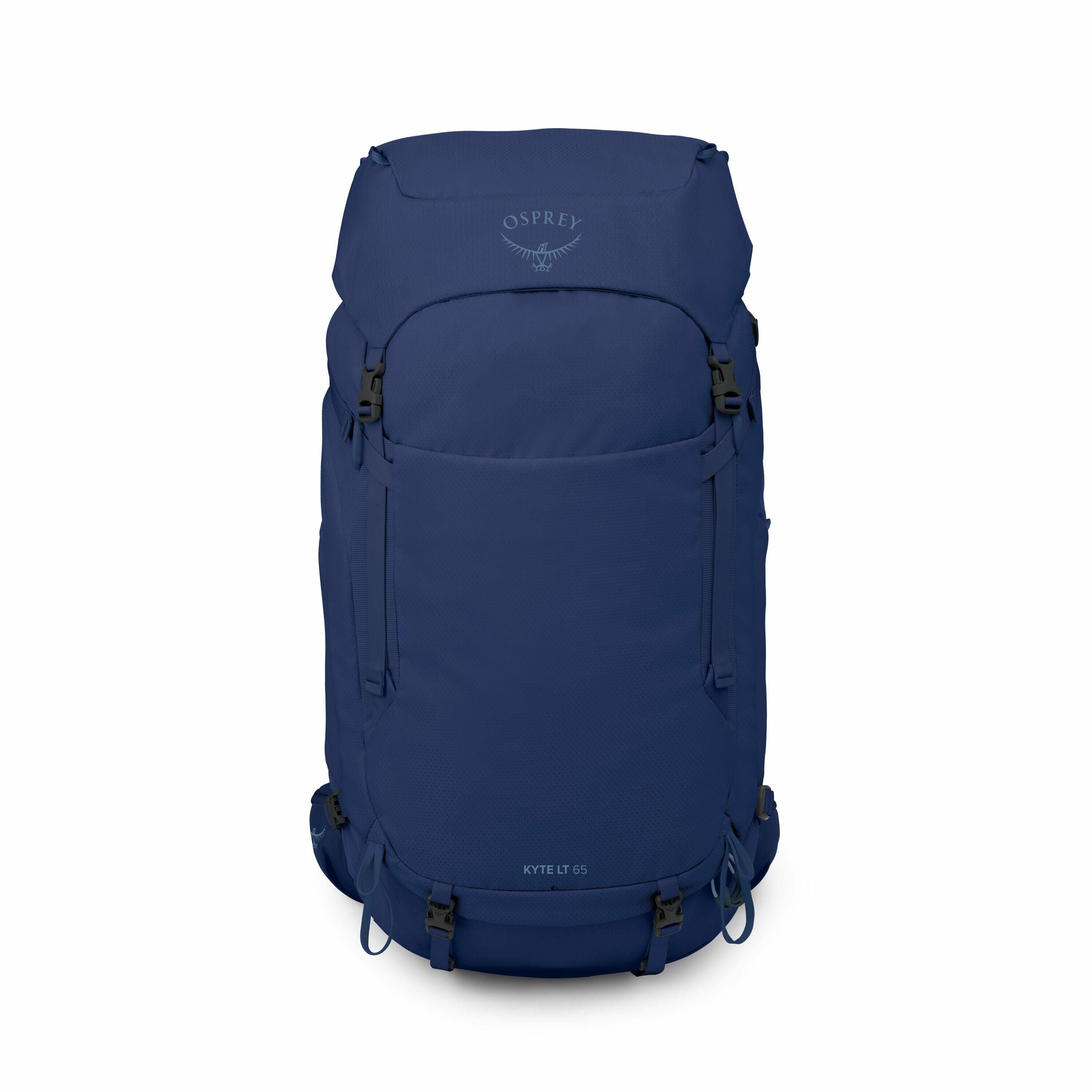 The image features a blue backpack from the brand Osprey. It is a large, cylindrical bag with multiple compartments and buckles, designed for outdoor and hiking activities. The backpack has "Osprey" printed at the top along with their logo, and "KYTE LT 6