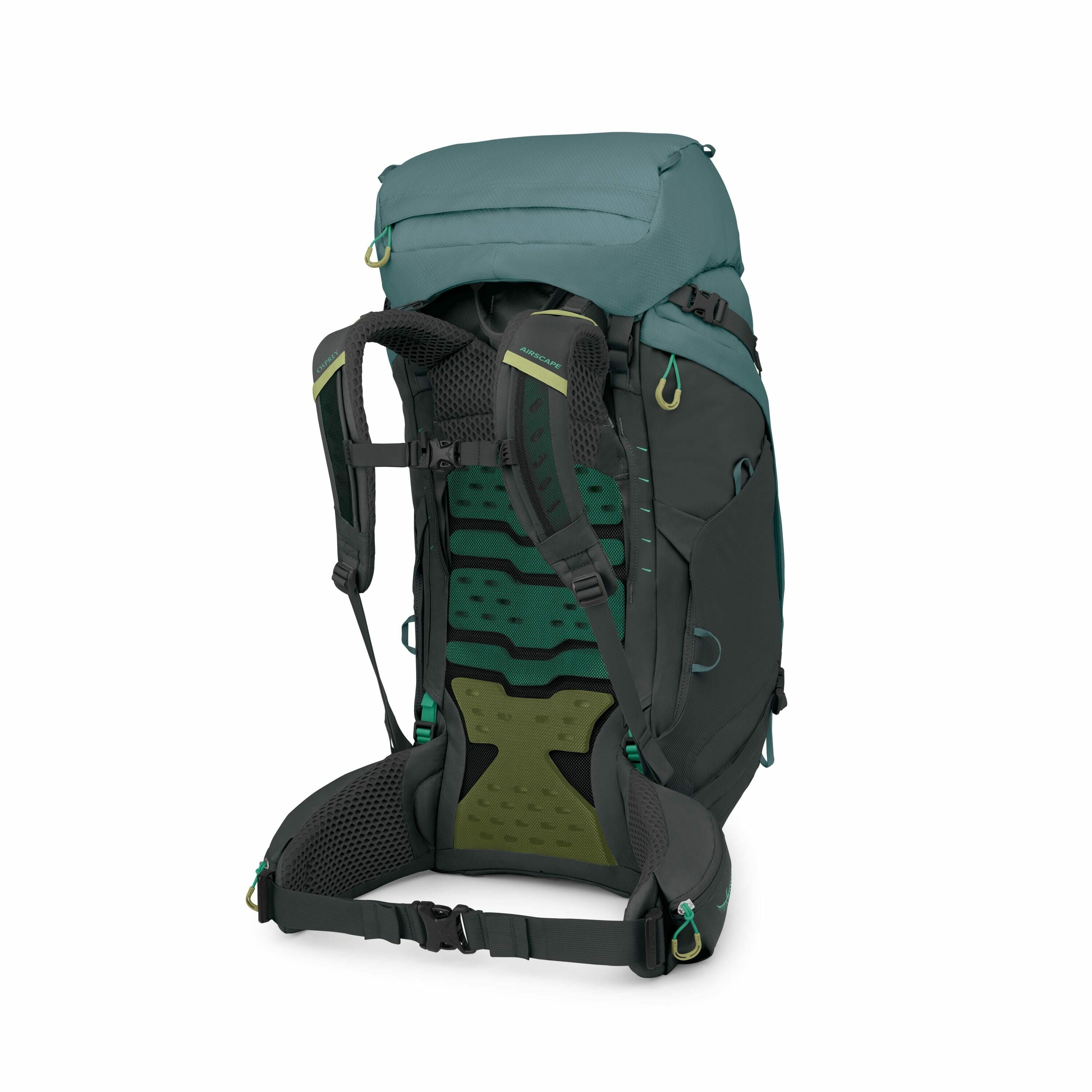 The image displays a high-performance hiking backpack, primarily in shades of teal and dark gray. The backpack features multiple compartments, ergonomic padding, and adjustable straps to ensure comfort and support for the user. Notable design elements inc