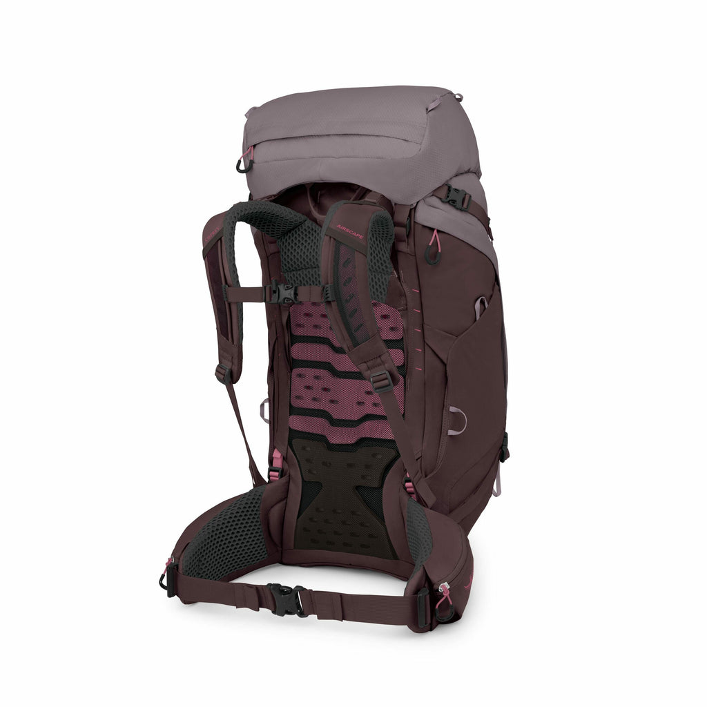 The image showcases a detailed view of a hiking backpack, emphasizing its design and features. The backpack is predominantly dark purple with grey accents, highlighting its intricate build, including adjustable padded shoulder straps and a breathable back