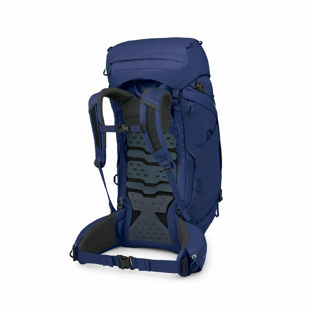 The image depicts a blue backpack designed for outdoor activities such as hiking or camping. It features padded shoulder straps, a back panel for comfort, and a waist belt to distribute weight more evenly. There are multiple compartments and pockets for s