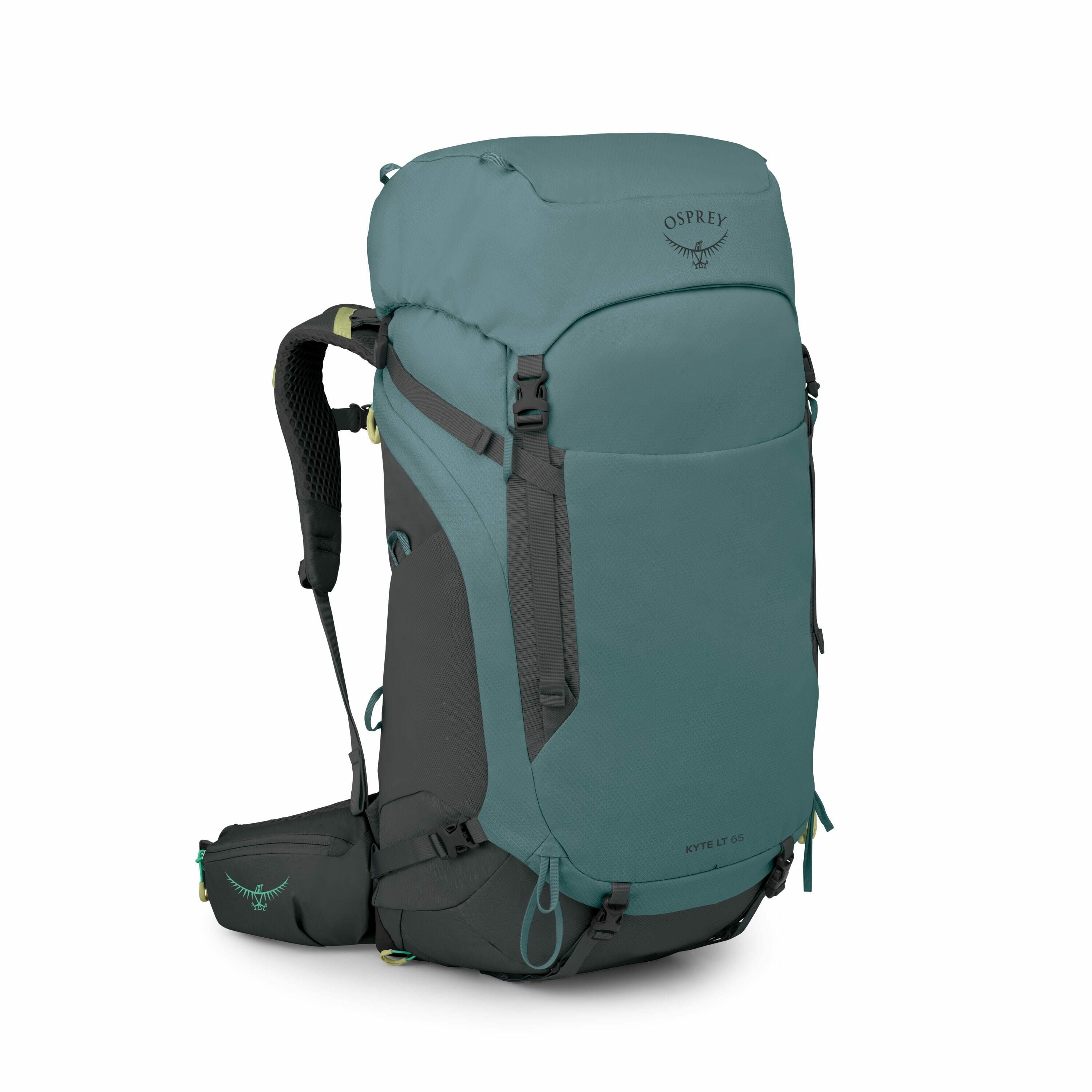 The image displays an Osprey Kyte LT 65 backpack, designed for outdoor activities such as hiking or trekking. This backpack is primarily teal with black accents, featuring the Osprey logo prominently on the top flap. It has a top-loading design with adjus