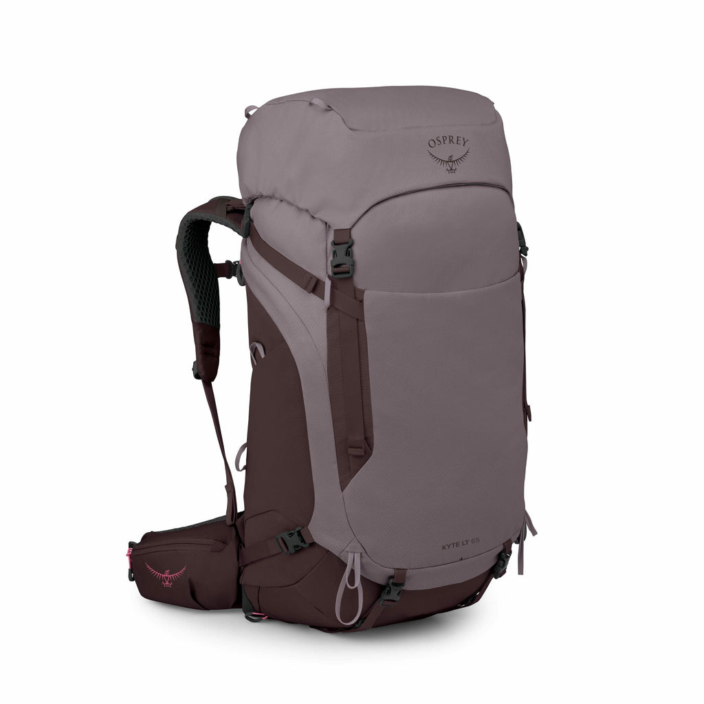 The image shows a large Osprey backpack, specifically the Kyte LT 65 model, in a two-toned design with shades of dark purple and gray. The backpack features multiple compartments and pockets, including a top lid with the Osprey logo prominently displayed.