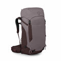 The image shows a large Osprey backpack, specifically the Kyte LT 65 model, in a two-toned design with shades of dark purple and gray. The backpack features multiple compartments and pockets, including a top lid with the Osprey logo prominently displayed.