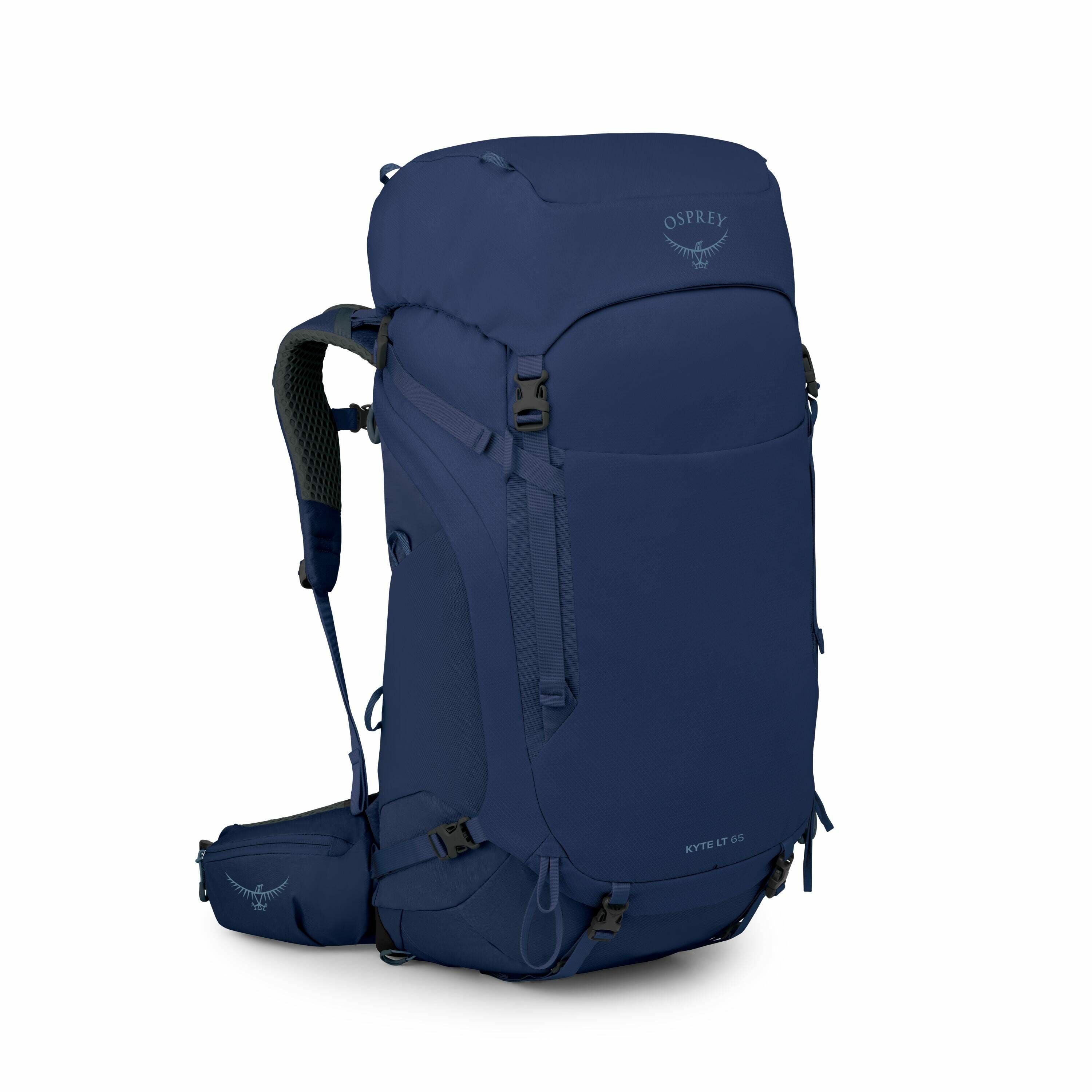 The image displays an Osprey Kyte LT 65 backpack, a deep navy blue color. It features a spacious main compartment with a top lid and multiple adjustable straps for a secure fit. The Osprey logo is visible on the top lid of the backpack, and there is addit