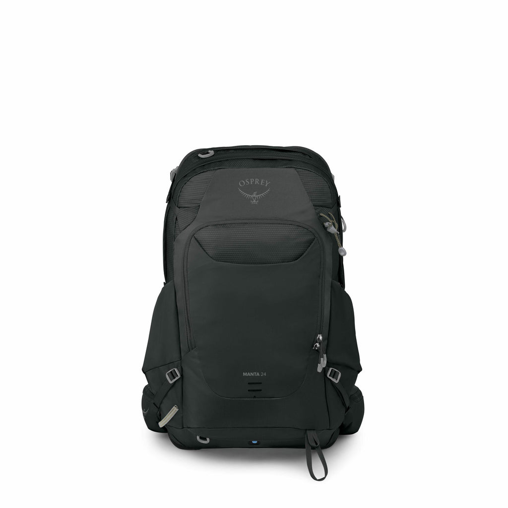 The images depict an Osprey Manta 24 backpack, shown in various stages of disassembly. In the first image, the backpack is intact, featuring a sleek design with multiple compartments and straps, primarily in dark grey color. The following images display t