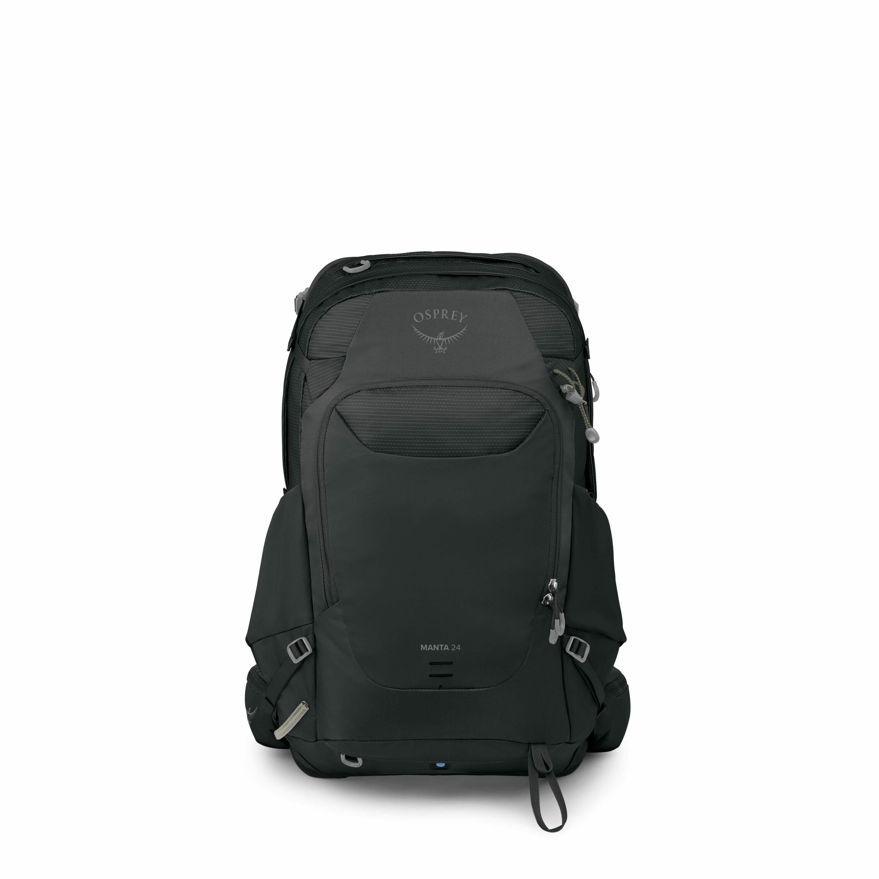 The images depict an Osprey Manta 24 backpack, shown in various stages of disassembly. In the first image, the backpack is intact, featuring a sleek design with multiple compartments and straps, primarily in dark grey color. The following images display t
