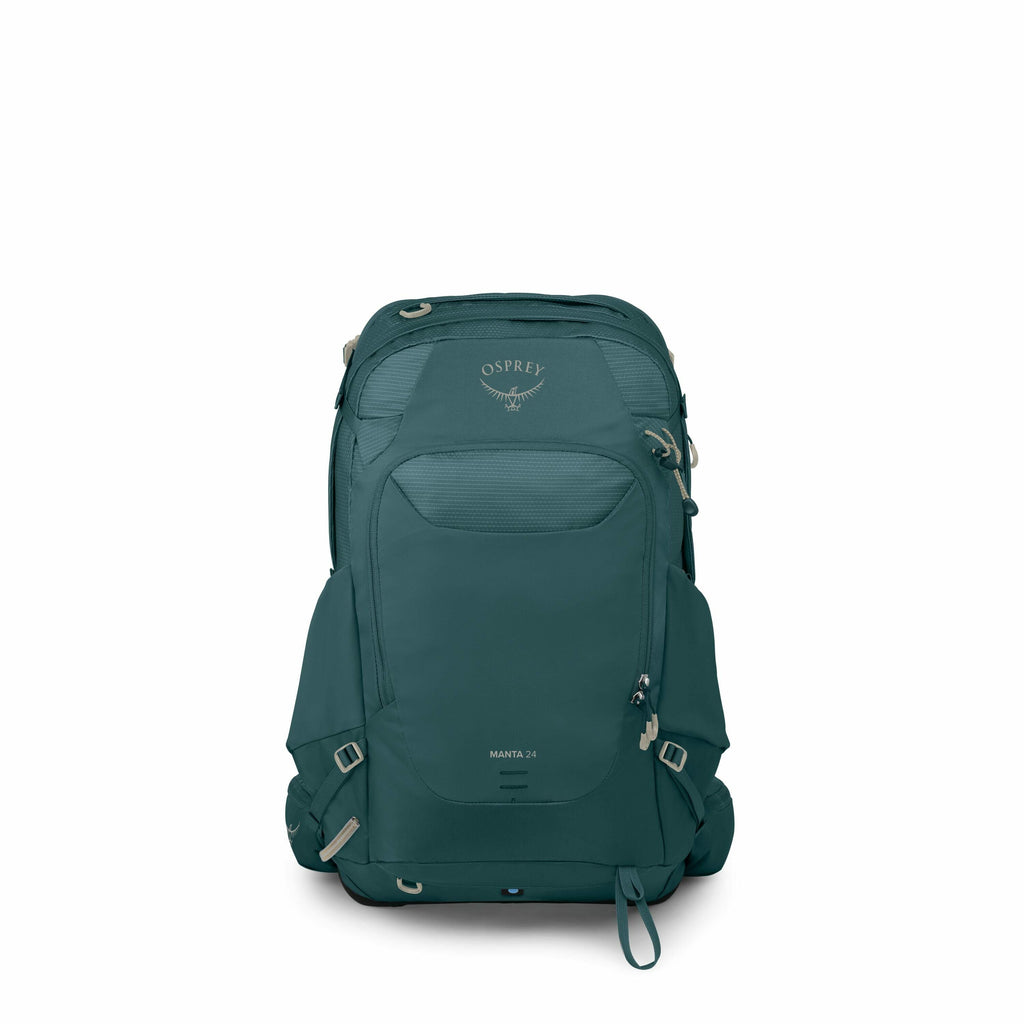 The image shows a teal-colored backpack with multiple compartments and straps, designed for outdoor or hiking activities. Prominently displayed on the backpack is the logo and name "Osprey" in a lighter shade, along with "Manta 24," indicating the model.