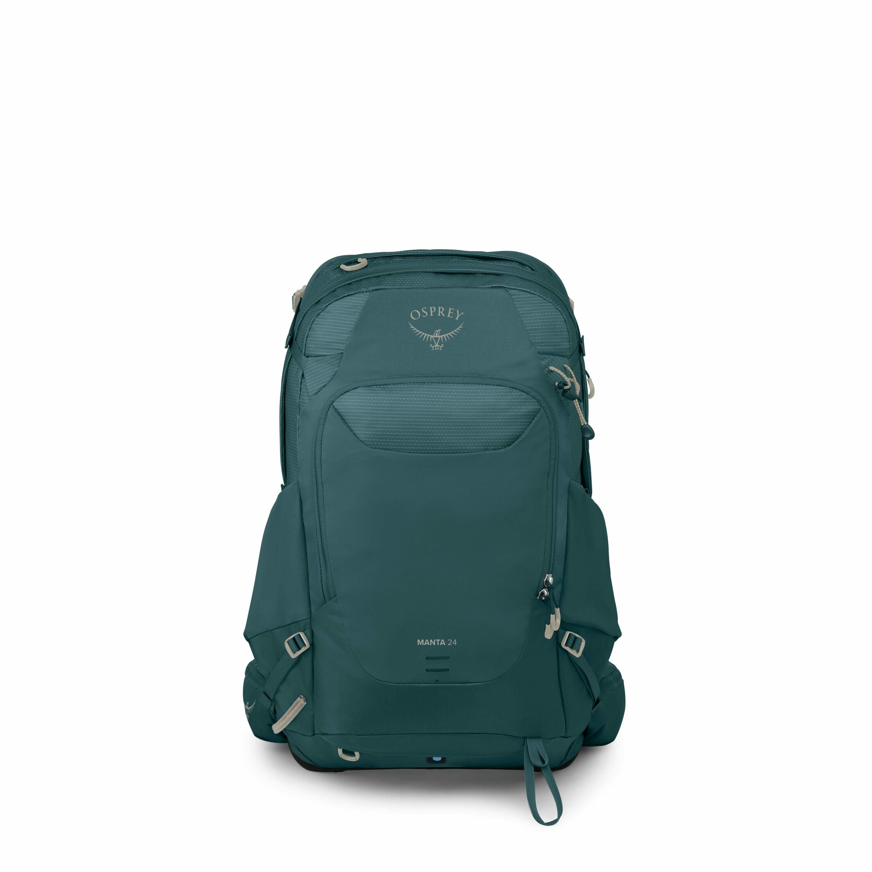The image shows a teal-colored backpack with multiple compartments and straps, designed for outdoor or hiking activities. Prominently displayed on the backpack is the logo and name "Osprey" in a lighter shade, along with "Manta 24," indicating the model.