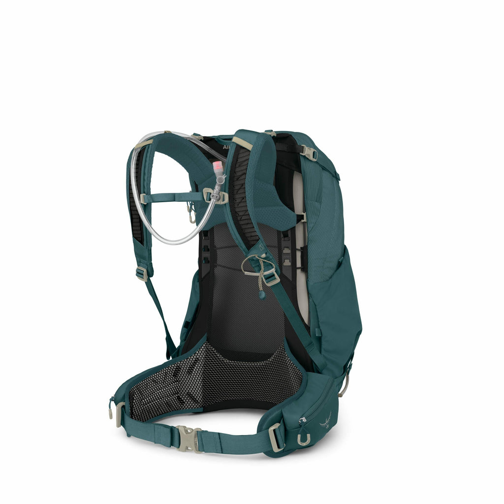 The image showcases a teal-colored backpack from the back, emphasizing its intricate design and features. The backpack is equipped with multiple adjustable straps, including shoulder straps, chest straps, and a hip belt, providing a comfortable fit for th