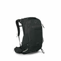 The image displays an Osprey Manta 24 backpack, designed for outdoor use, featuring a sleek, modern design in black. It has multiple compartments and pockets for storage and organization, with a front panel and side zipper openings. The backpack includes