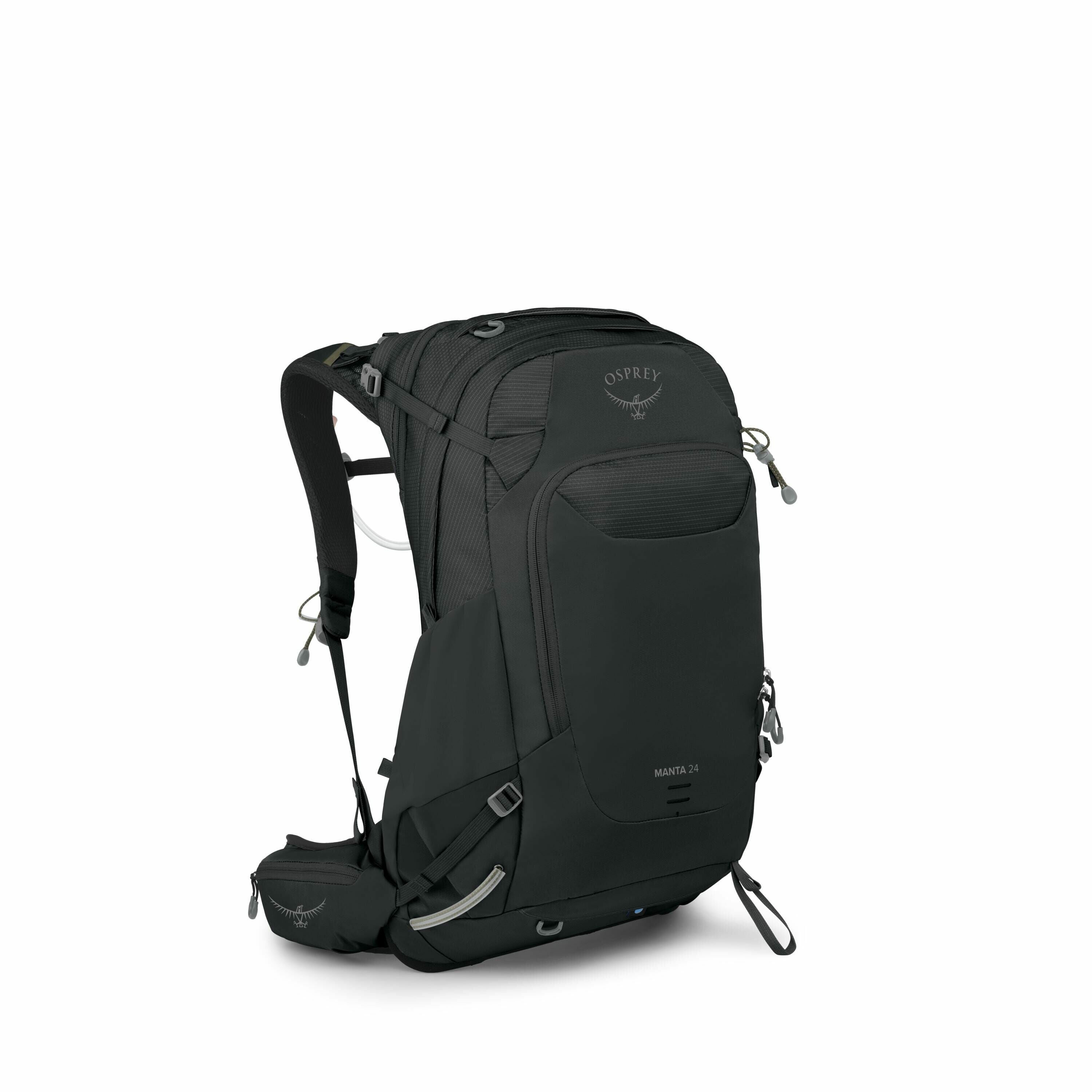 The image displays an Osprey Manta 24 backpack, designed for outdoor use, featuring a sleek, modern design in black. It has multiple compartments and pockets for storage and organization, with a front panel and side zipper openings. The backpack includes