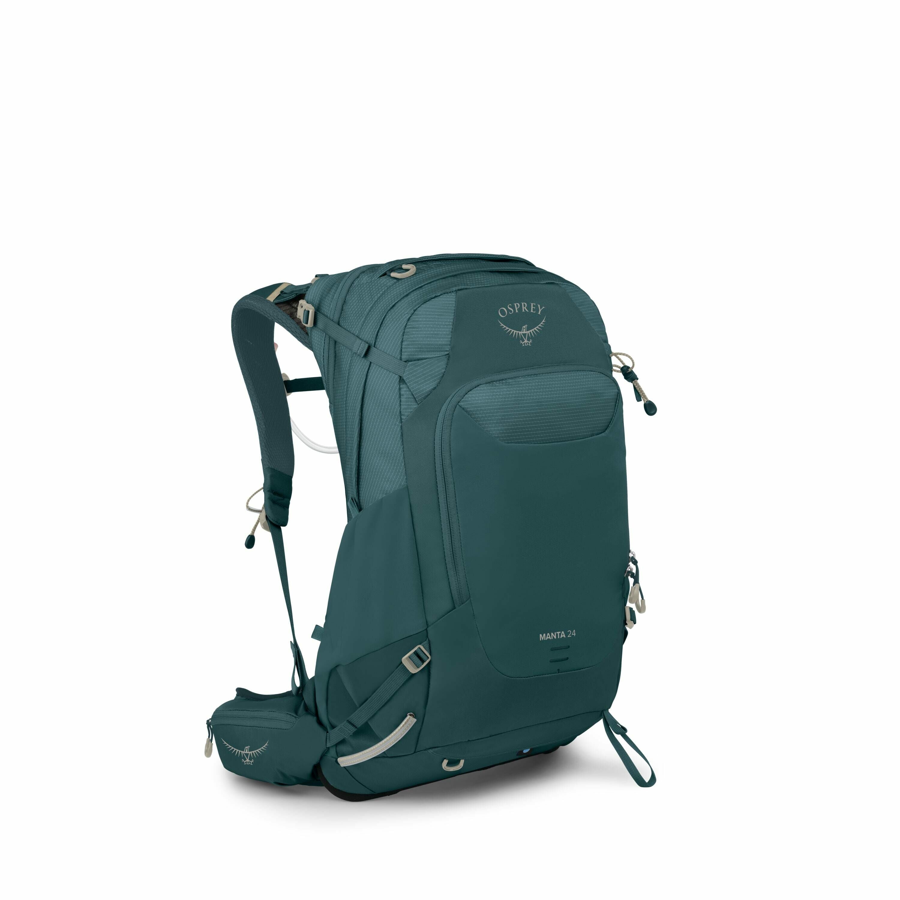 The image shows an Osprey Manta 24 backpack, designed for hiking or outdoor activities. It has a streamlined design with various compartments and pockets, including a front zippered pocket, dual side mesh pockets, and a large main compartment. The backpac