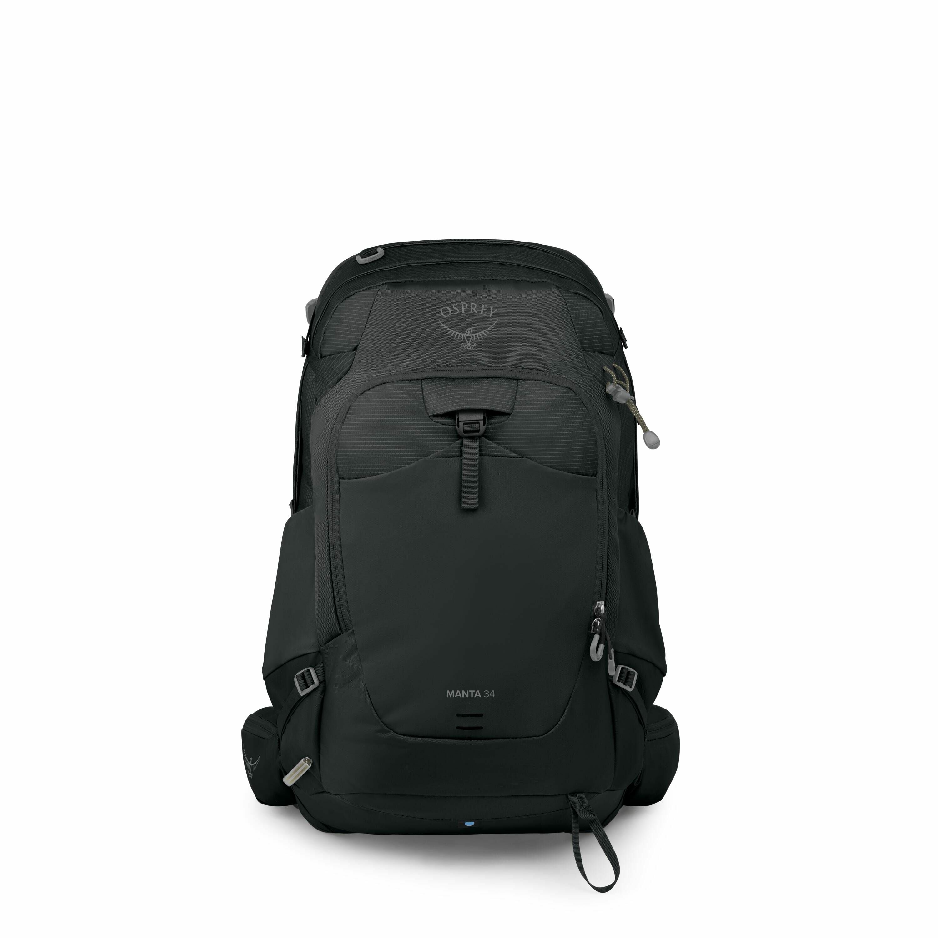 The image showcases a black Osprey backpack, prominently displaying the brand's logo at the top center of the bag, with the word "Osprey" and the iconic bird emblem beneath it. Below the logo, the model name "MANTA 34" is printed, indicating its specific