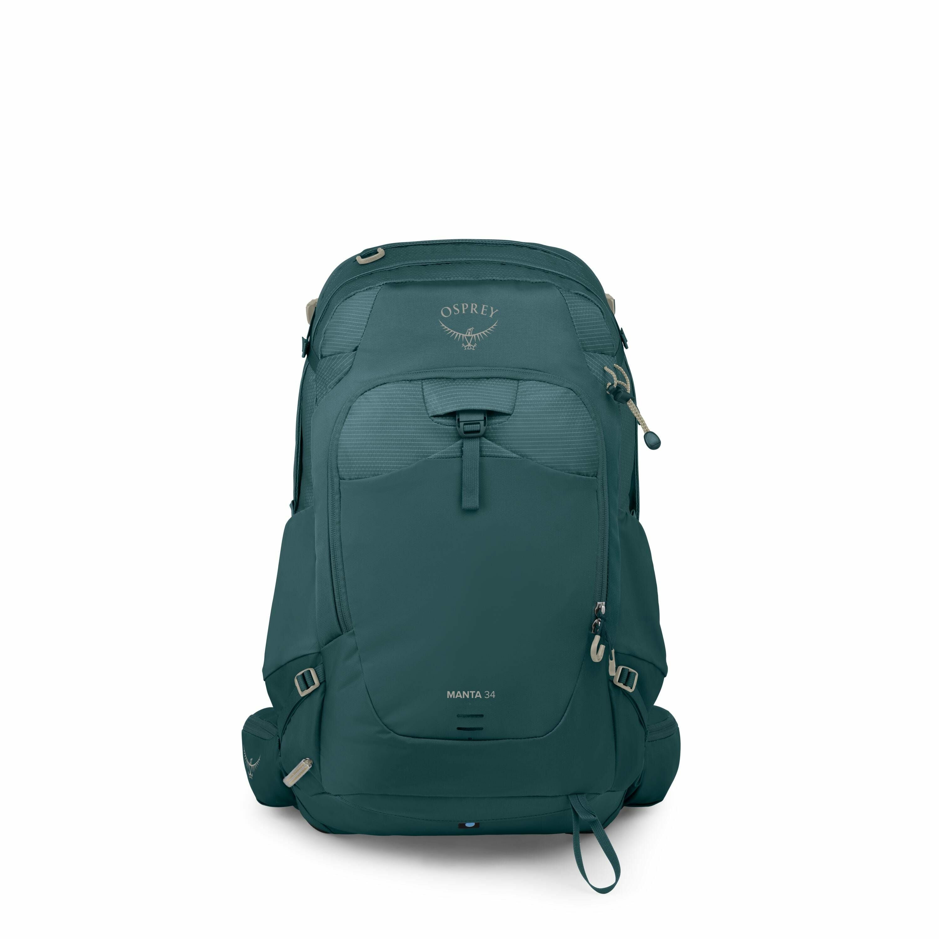 The image showcases an Osprey backpack, specifically the Manta 34 model. The backpack is a deep teal color and prominently features the Osprey logo on the top. It has several compartments and straps, indicating it's designed for functional use, possibly h