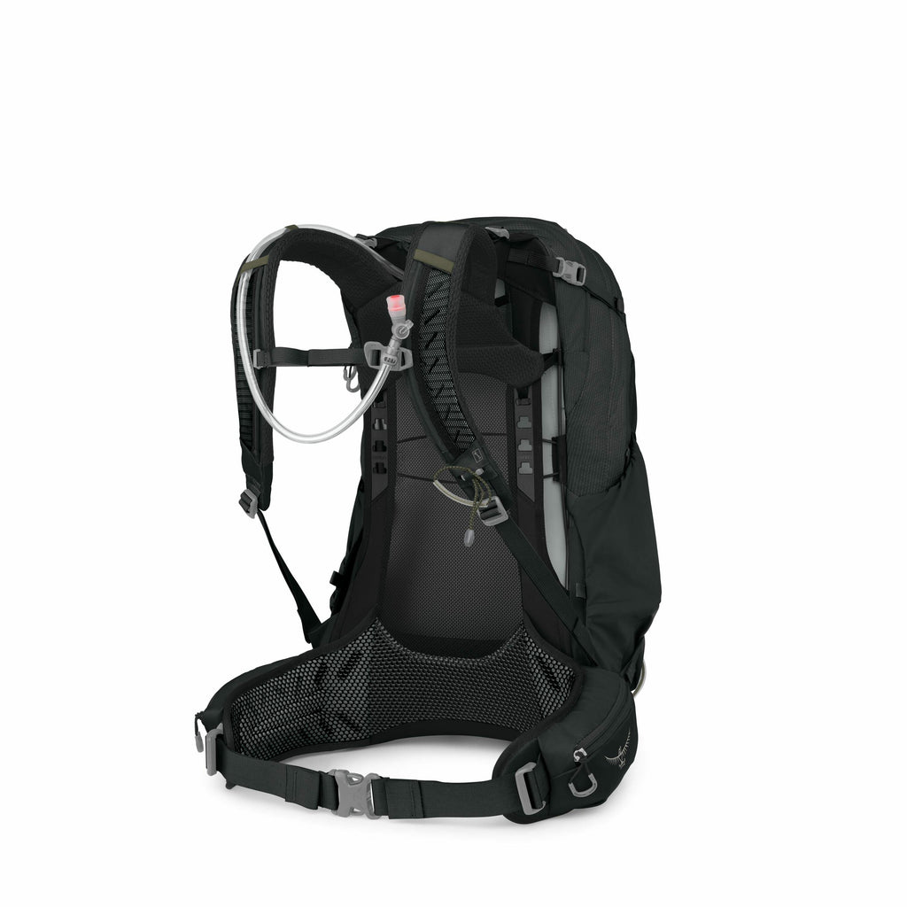 The image features a black hiking backpack with a structured, ergonomic design aimed at providing comfort and functionality. The backpack includes padded shoulder straps, a ventilated back panel, and an adjustable hip belt with a buckle for secure fitment