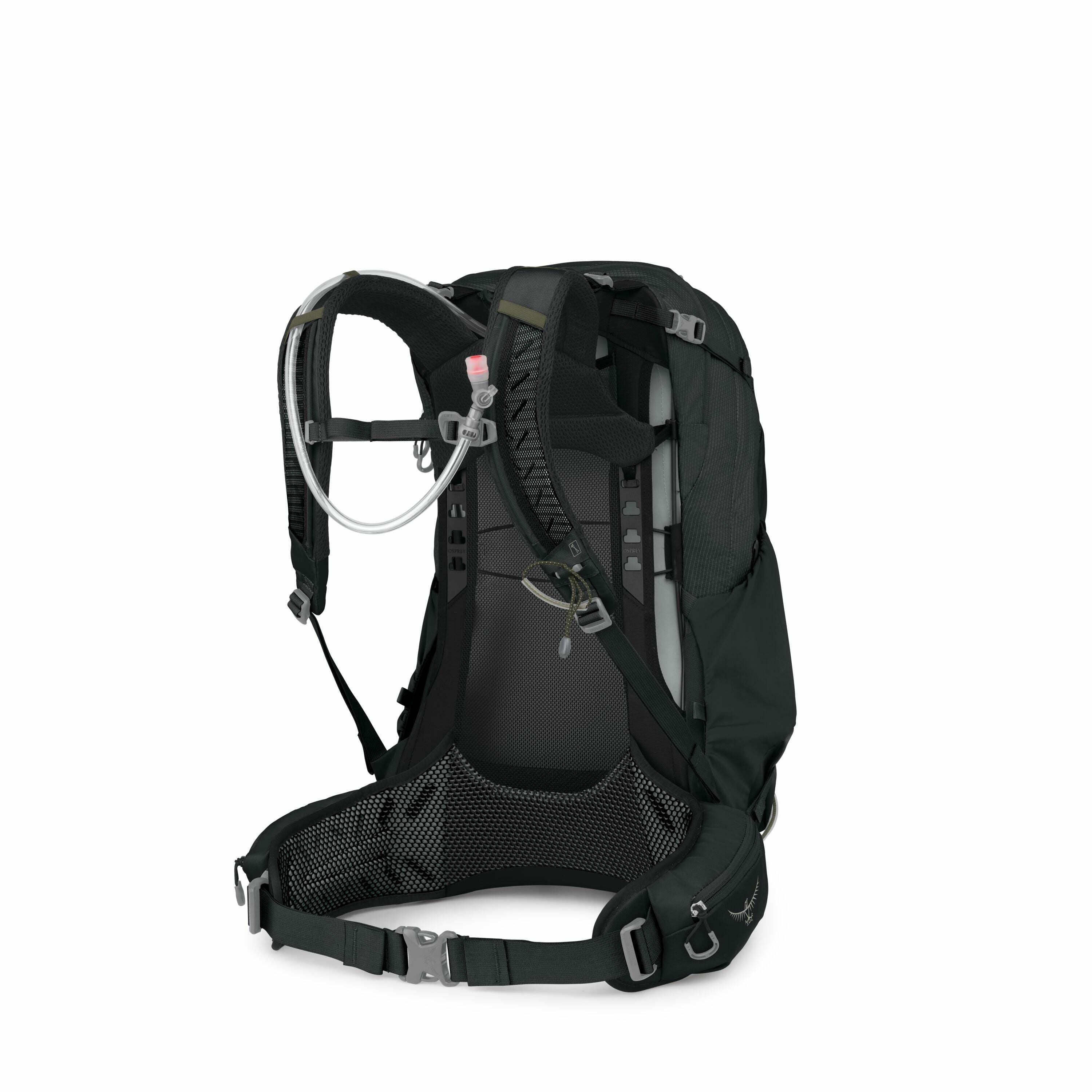 The image features a black hiking backpack with a structured, ergonomic design aimed at providing comfort and functionality. The backpack includes padded shoulder straps, a ventilated back panel, and an adjustable hip belt with a buckle for secure fitment