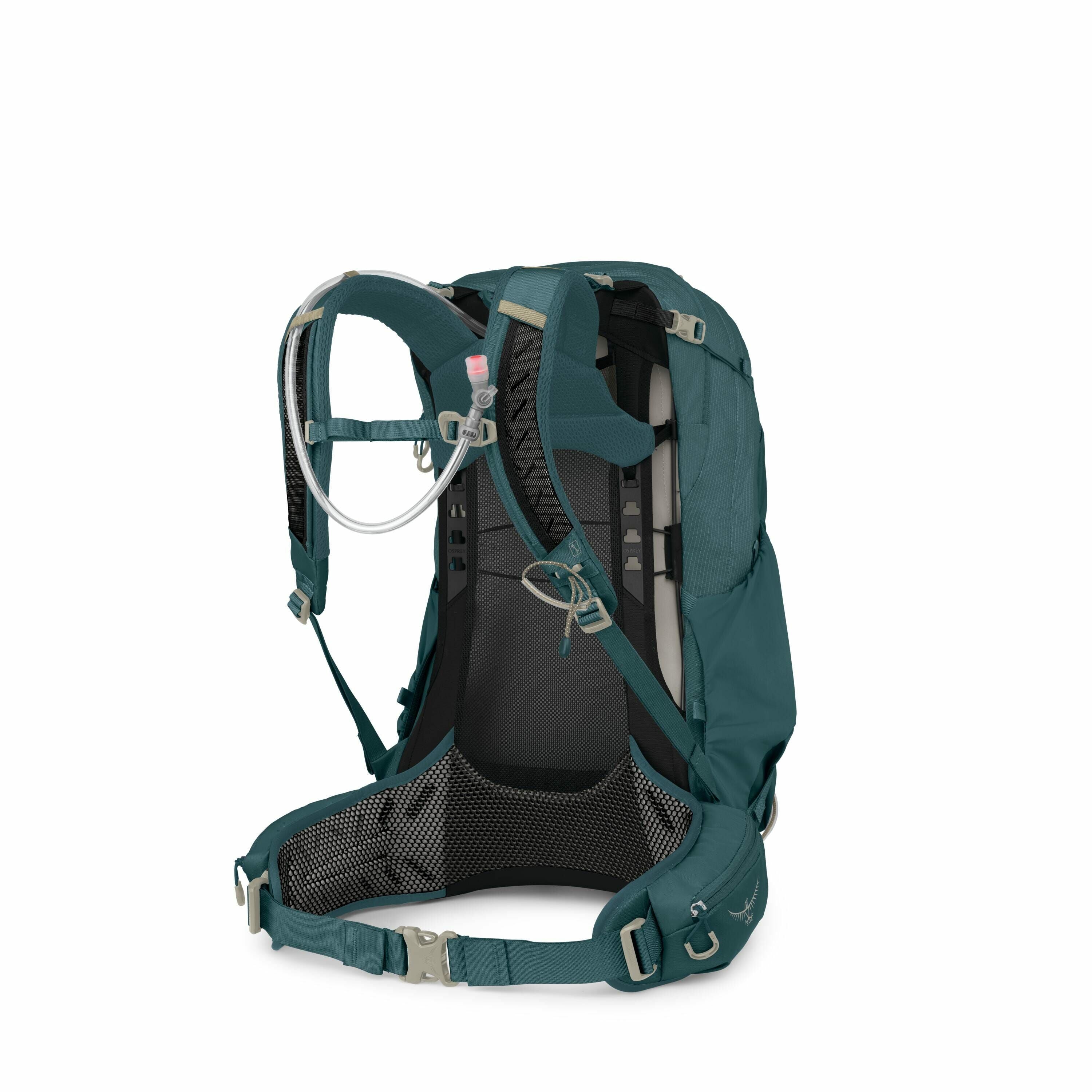 The image showcases a teal-colored hiking backpack with a hydration system. The backpack is designed for outdoor activities and features padded shoulder straps and a supportive waist belt, both equipped with adjustable buckles. A pink-tipped mouthpiece is