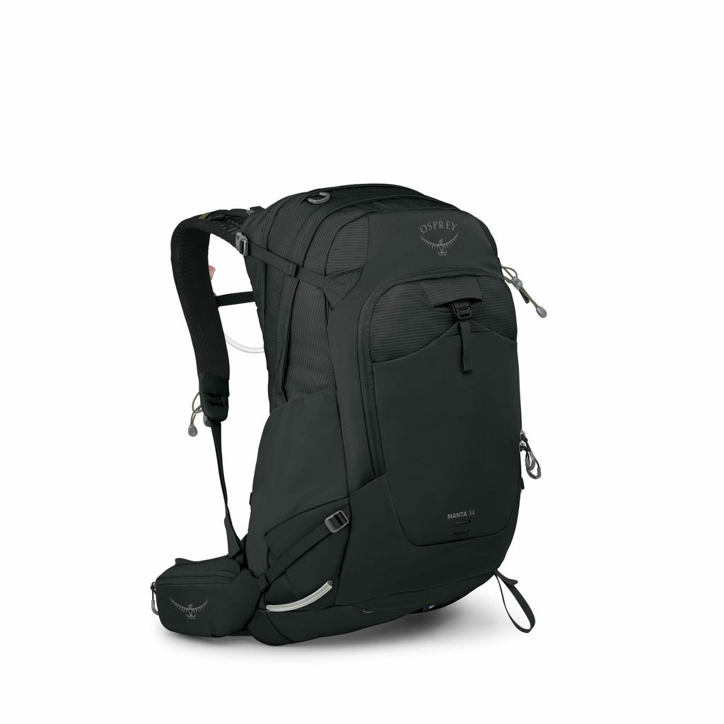 The image displays a black Osprey backpack with a sleek design, showcasing multiple compartments and straps for versatile use. The brand's logo, featuring the Osprey name and emblem, is prominently displayed on the top flap of the backpack. It is equipped