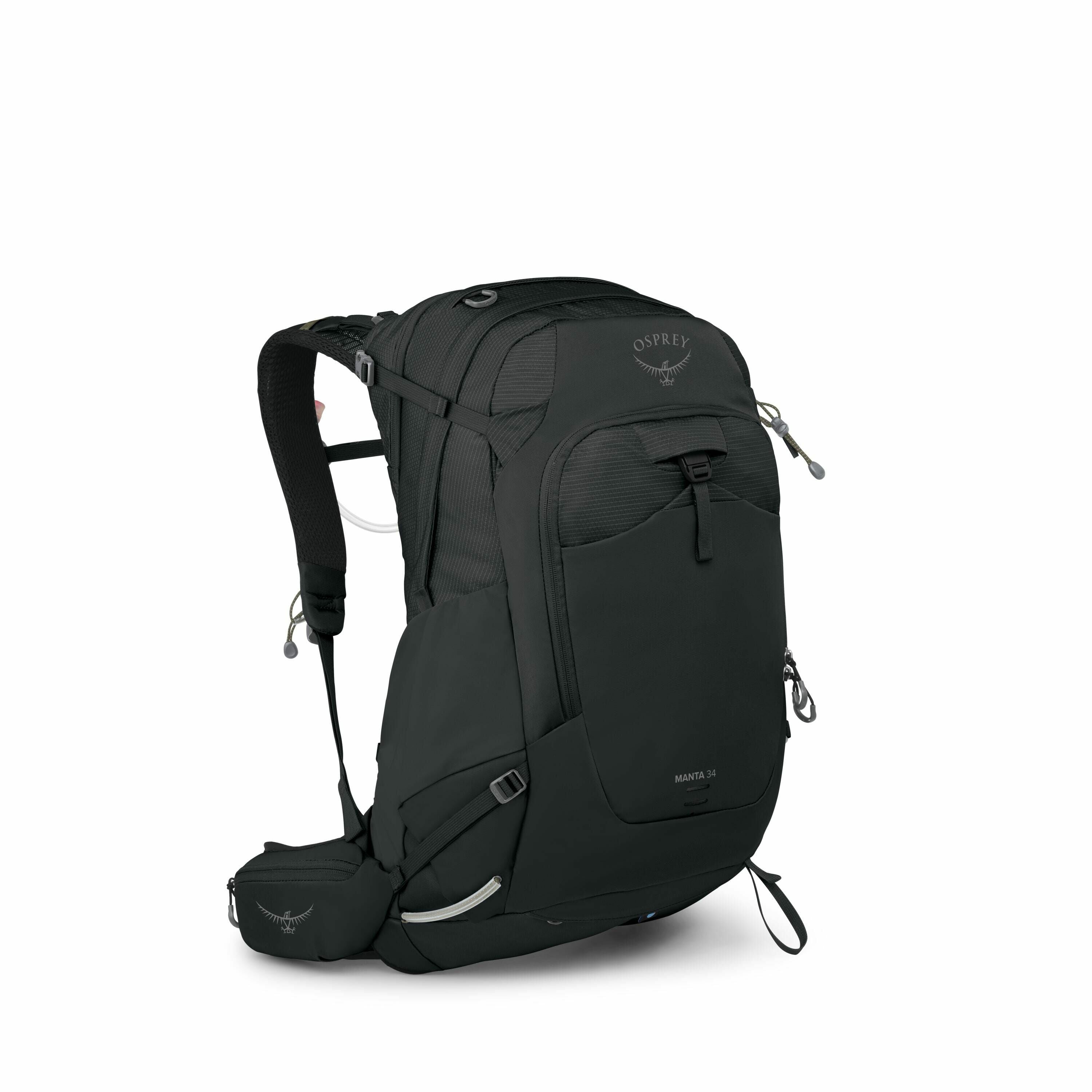 The image displays a black Osprey backpack with a sleek design, showcasing multiple compartments and straps for versatile use. The brand's logo, featuring the Osprey name and emblem, is prominently displayed on the top flap of the backpack. It is equipped