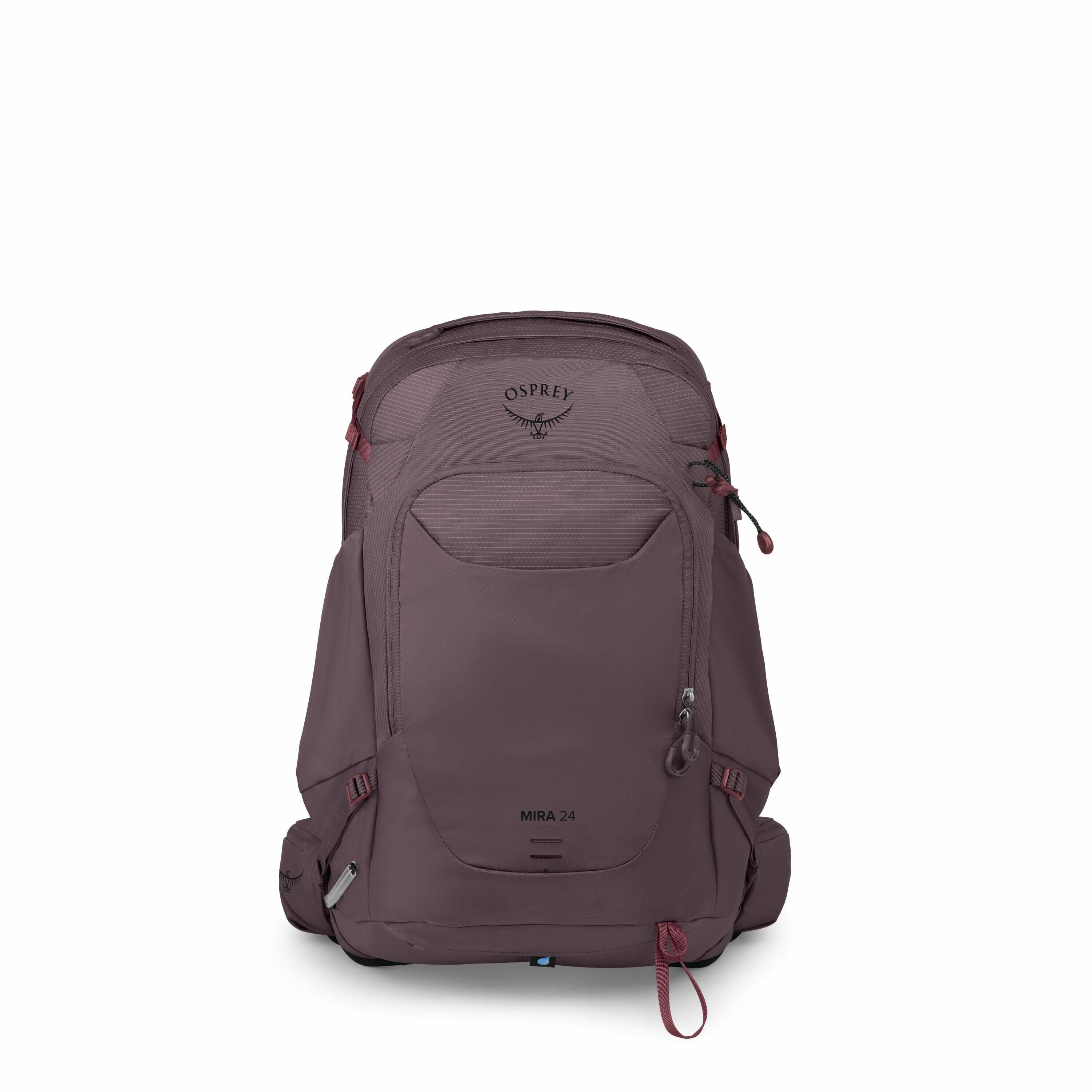 The image features an Osprey Mira 24 backpack in a shade of purple. The backpack displays the Osprey logo at the top, which includes a stylized bird motif. It has several compartments and pockets for storage, including a prominent front pocket with a hori