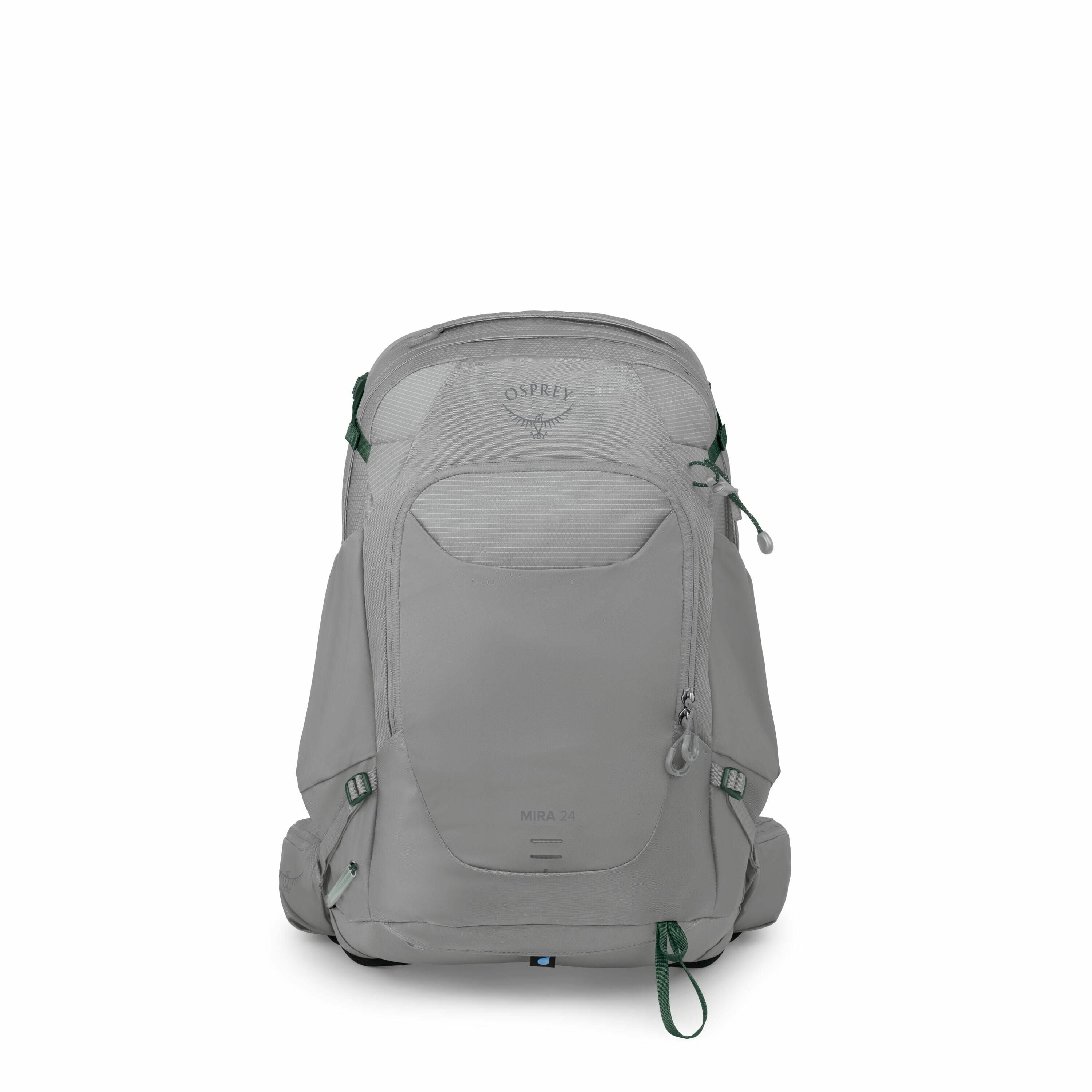 The image displays a grey Osprey backpack with a sleek design, featuring multiple compartments and green accents on its straps and zippers. The Osprey logo is prominently visible on the top section of the backpack, just above a mesh pocket. The backpack,