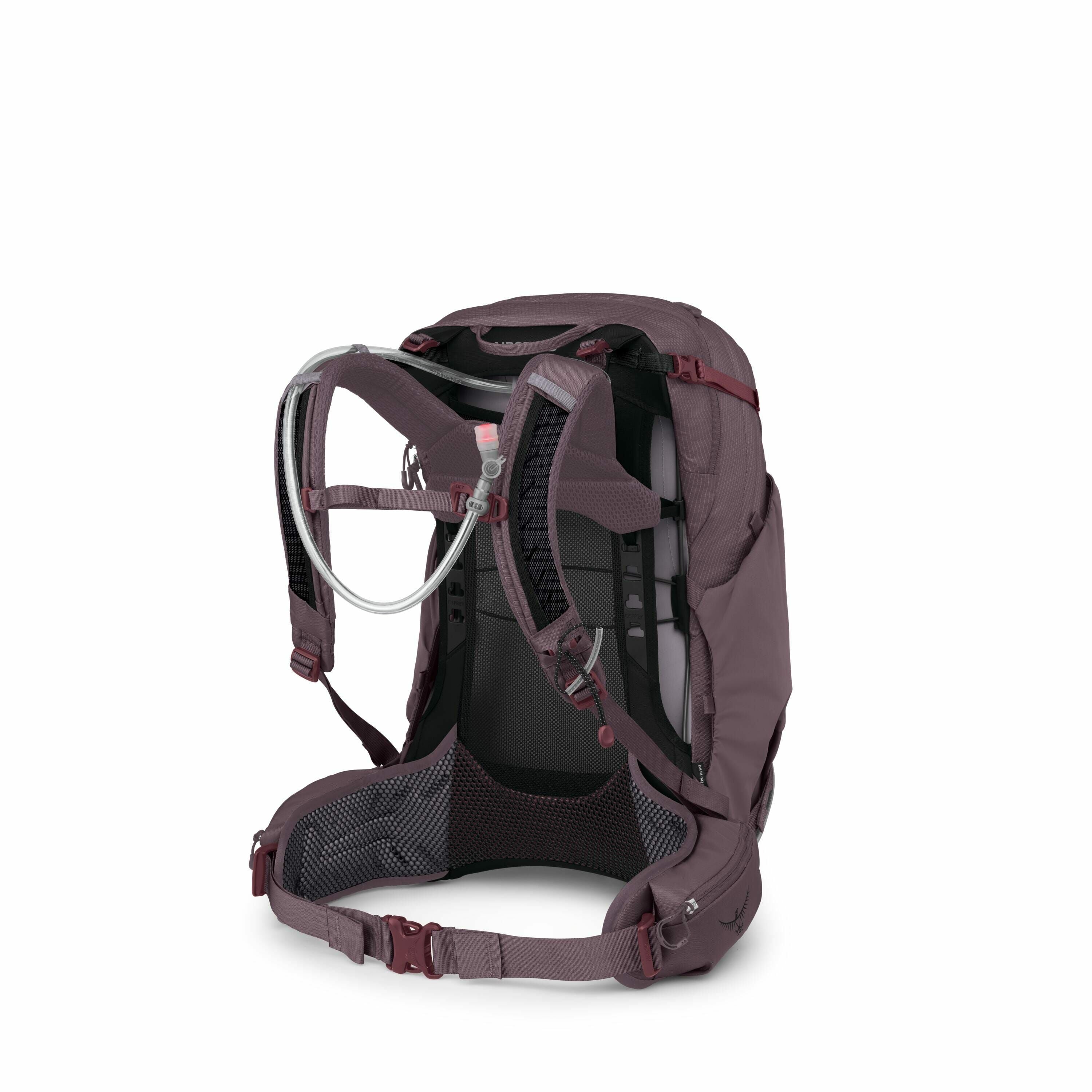 The image shows a sophisticated hiking backpack designed by Osprey, a well-known outdoor gear manufacturer. The backpack features a mesh back panel for ventilation, padded shoulder straps, and a wide hip belt for better weight distribution and comfort dur