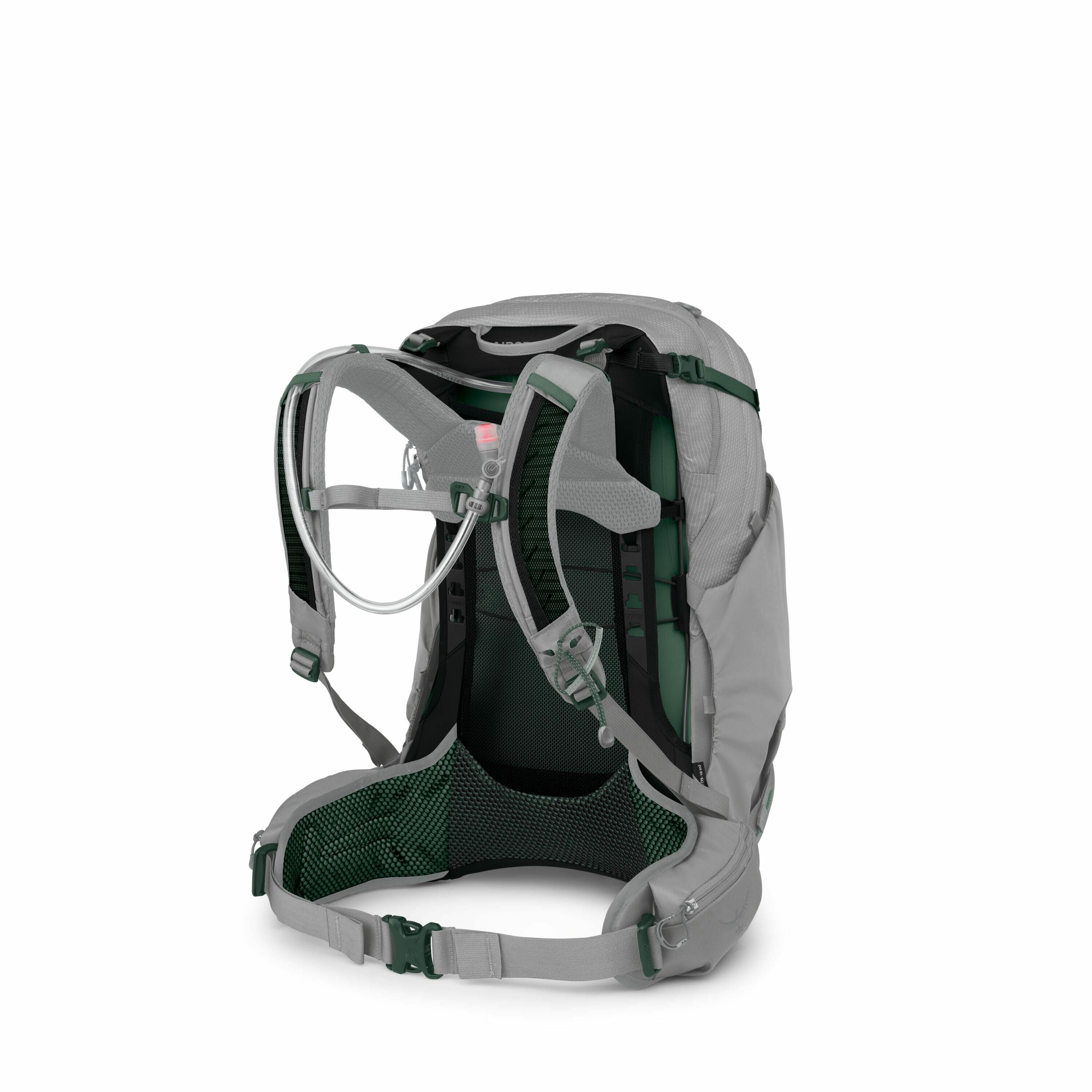 The image displays a gray and green backpack designed for outdoor activities. The backpack features padded shoulder straps, a hip belt with a buckle, and an adjustable sternum strap, suggesting a focus on comfort and weight distribution. It has a mesh bac