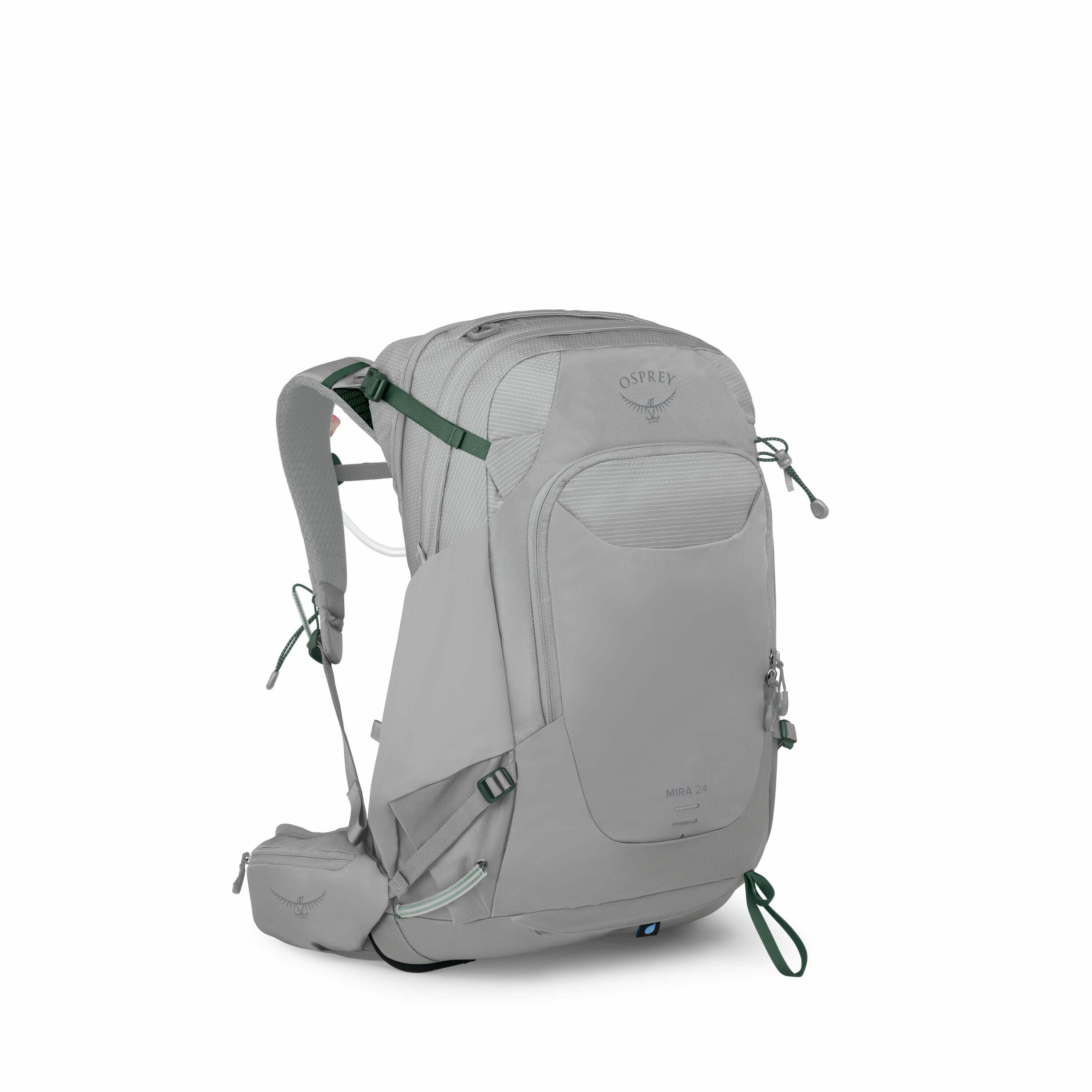 The image series displays an Osprey Mira 24 backpack, a versatile and functional daypack designed for outdoor activities. The first image shows the full backpack in a light gray color with green accents on straps and zippers, featuring the Osprey logo and