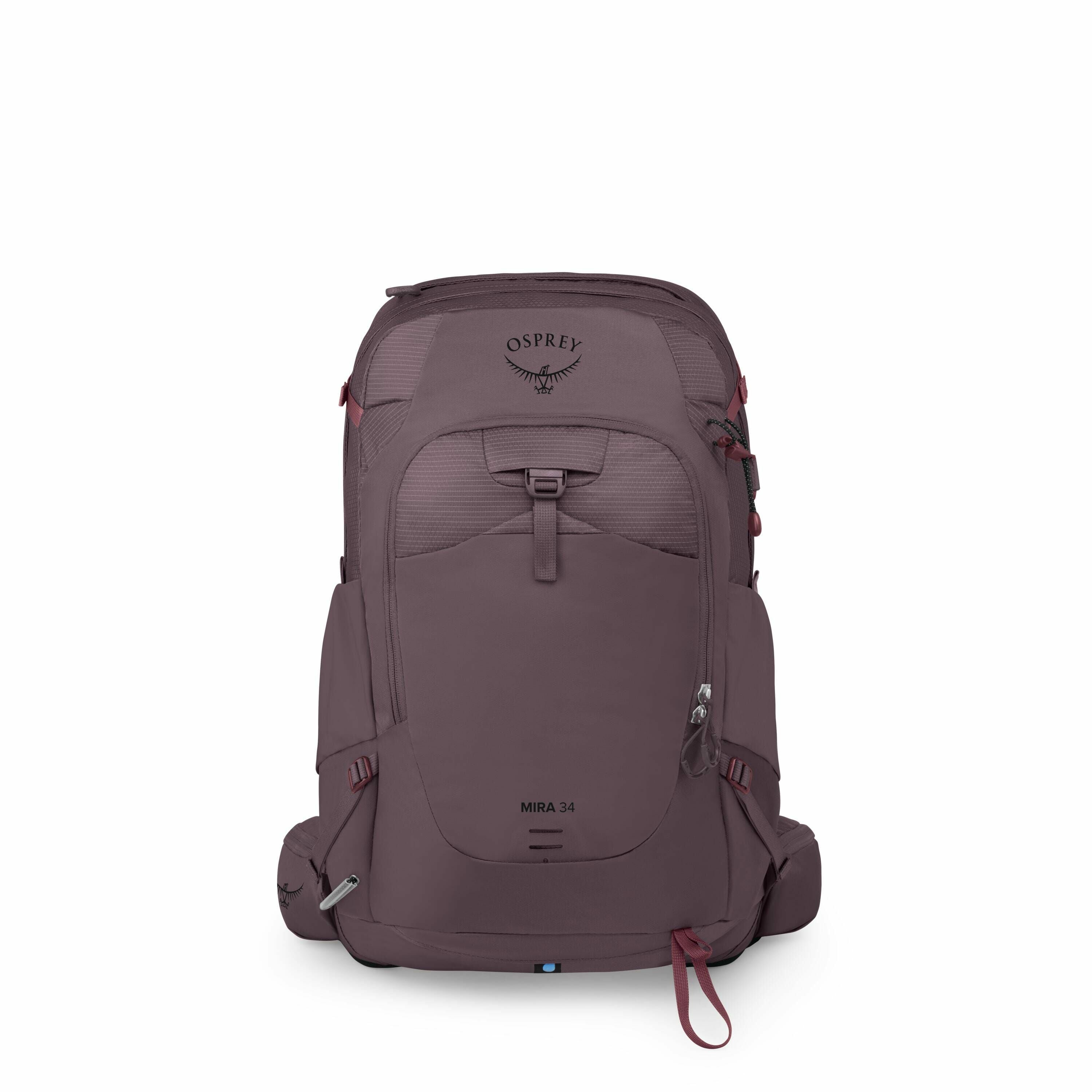 The image series showcases an Osprey Mira 34 backpack, primarily in a purple shade. The backpack has a sleek design, with an Osprey logo prominently displayed at the top. It features multiple zippers, pockets, and straps, indicating functionality for outd